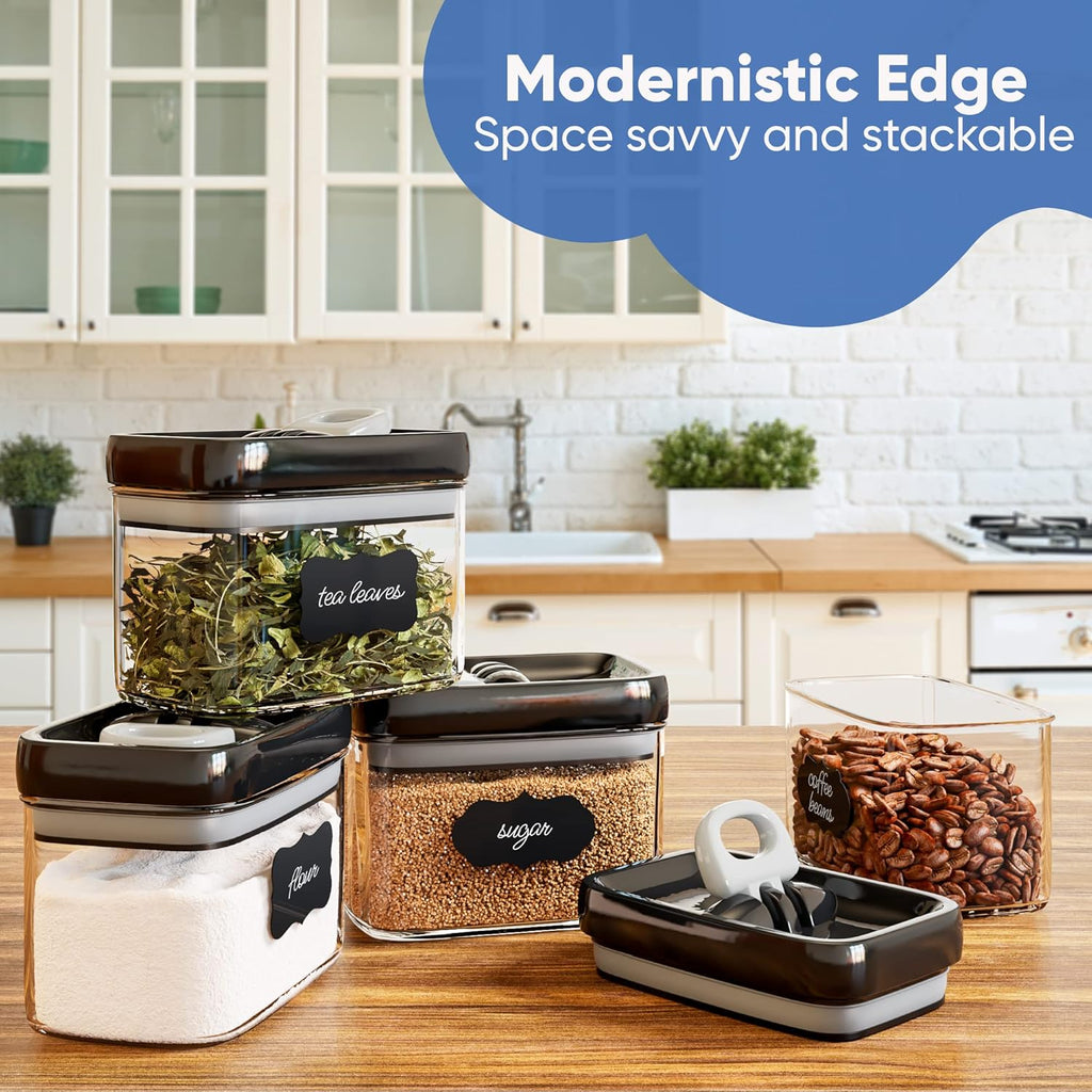 Airtight Food Storage Containers with Improved Lids, Set of 6, 1L Kitchen and Pantry Canisters for Coffee, Spices, and Dry Food, Includes Labels and Marker - Transparent, All Same Size