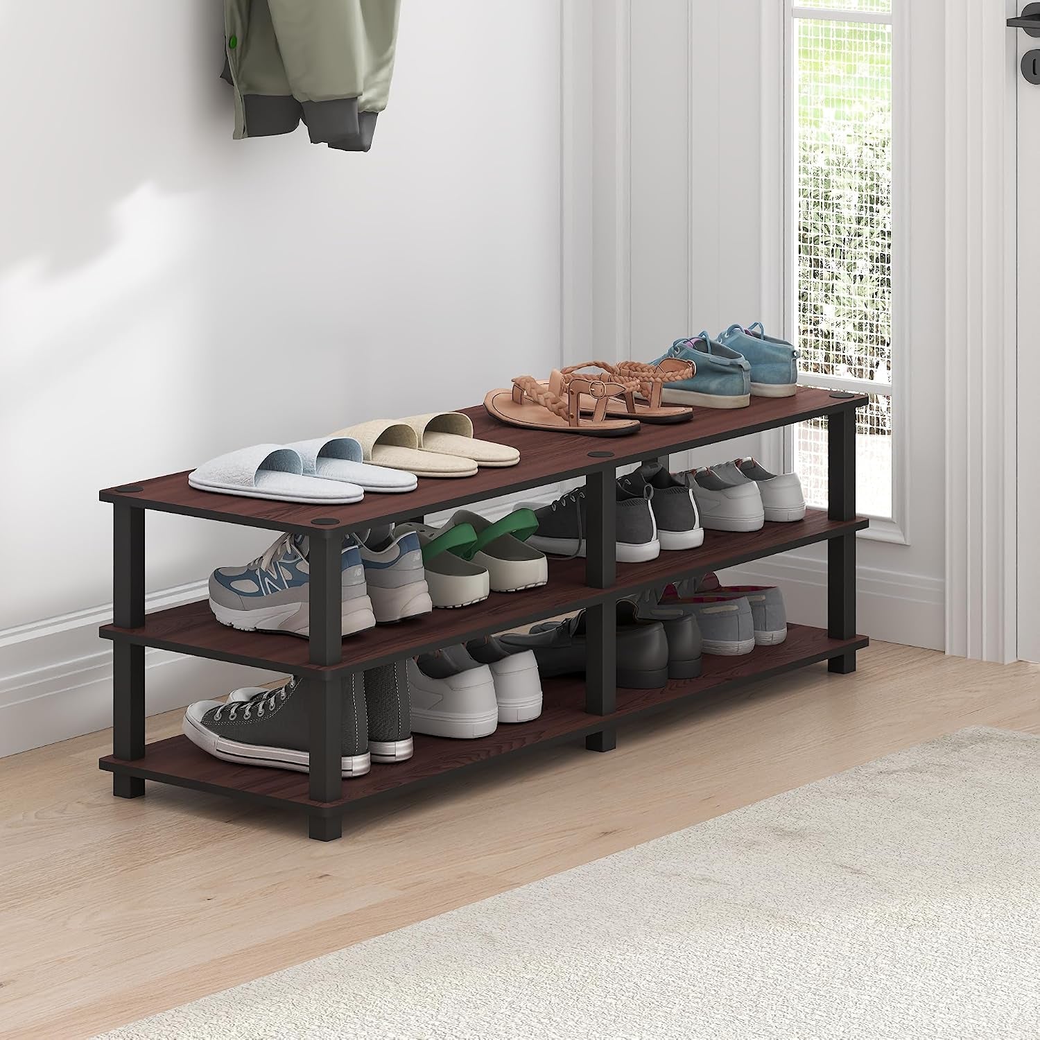 TURN-S-TUBE Shoe Rack, 3-Tier Wide Shoe Organizer, Open Shelf Rectangular Shoe Storage Rack, 11.6 X 47.2 X 15.4, Toolless Assembly, for Closet Entryway, Office, Garage, Dark Cherry