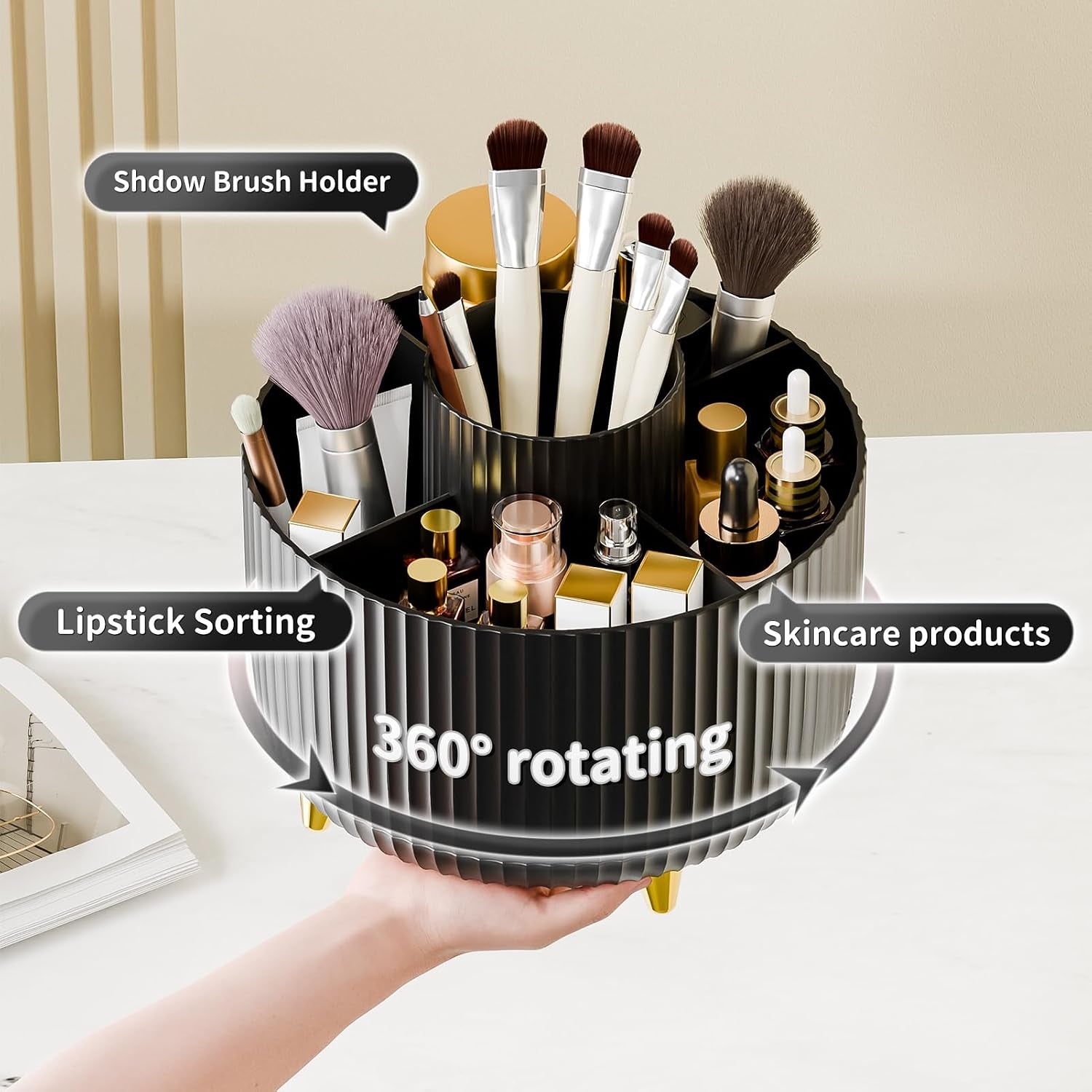 360° Rotate Makeup Brush Holder Organizer, Makeup Organizers Countertop, Makeup Organization and Skincare Storage with Gift Box Packing for Vanity, Desktop, Bathroom (Black)
