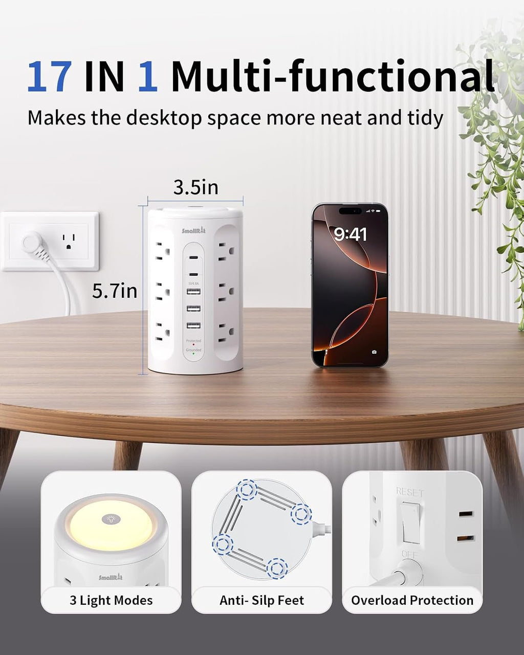 Power Strip with Night Light, Extension Cord with Multiple Outlets (12AC+3A+2C), 10 FT Desk Power Strip Tower Charging Station for Home, Office, College Dorm Essentials