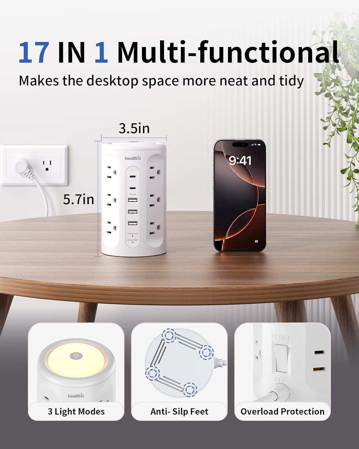 Power Strip with Night Light, Extension Cord with Multiple Outlets (12AC+3A+2C), 10 FT Desk Power Strip Tower Charging Station for Home, Office, College Dorm Essentials