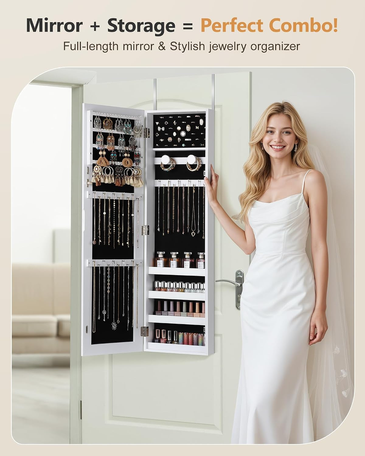 Jewelry Cabinet Armoire, Hanging Jewelry Organizers and Storage, Lockable Jewelry Cabinet with Full-Length Mirror, Wall or Door Mount Jewelry Mirror Cabinet, Shelves, Polishing Cloth