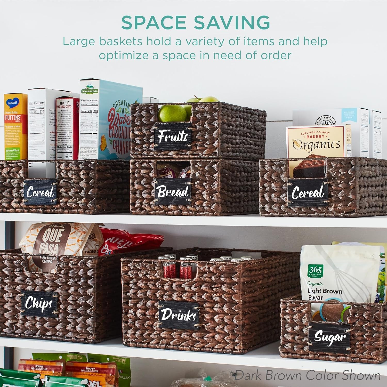 Set of 4 13X12In Water Hyacinth Pantry Baskets, Woven Organizers W/Chalkboard Label, Chalk Marker - Natural