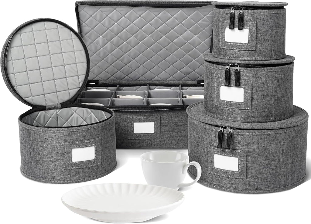 5-Piece China Storage Set | Plates & Mugs | Woven Linen | Gray