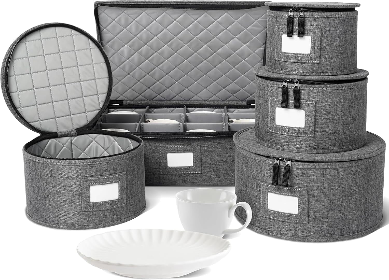 5-Piece China Storage Set | Plates & Mugs | Woven Linen | Gray