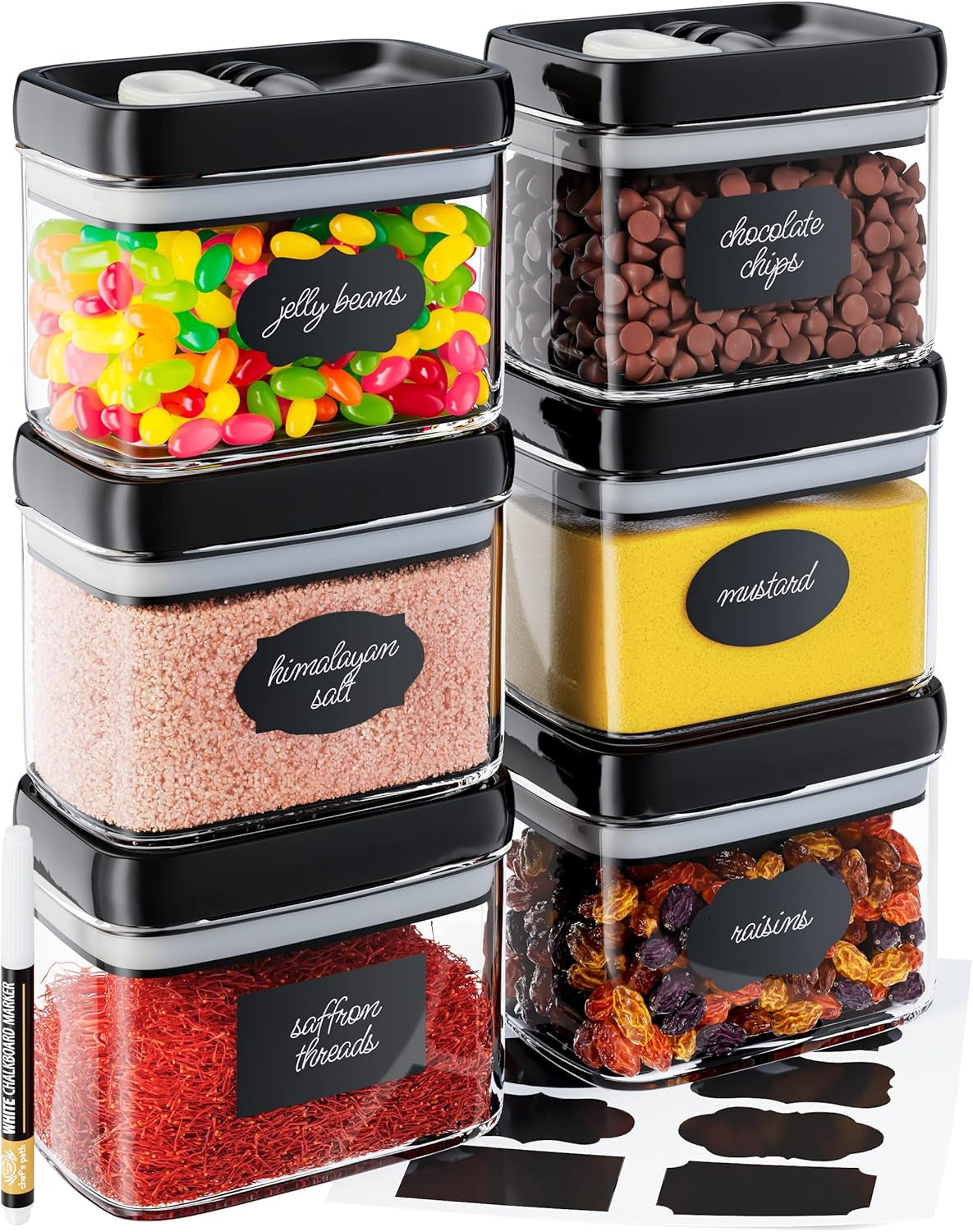 Airtight Food Storage Containers with Improved Lids, Set of 6, 1L Kitchen and Pantry Canisters for Coffee, Spices, and Dry Food, Includes Labels and Marker - Transparent, All Same Size