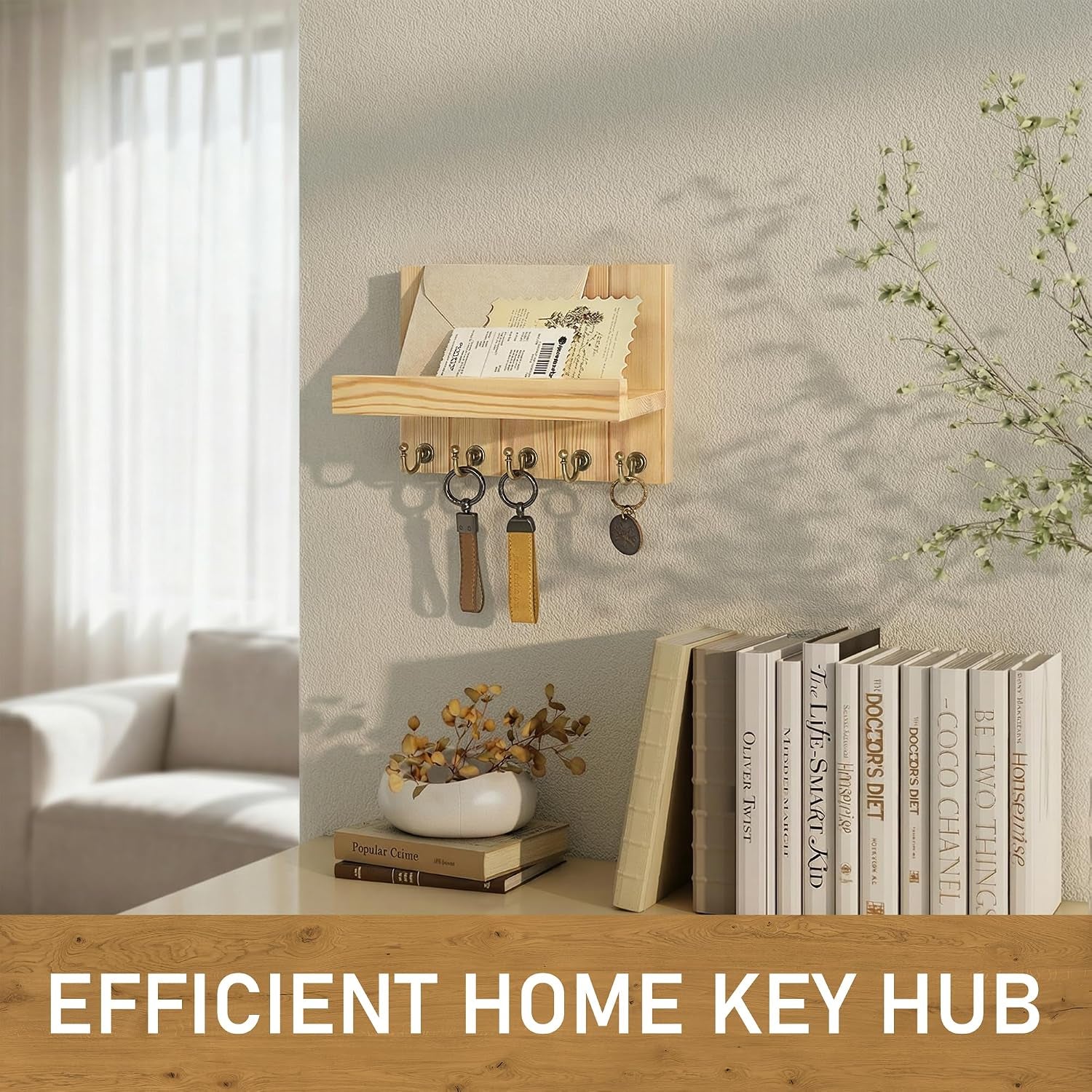Key Holder Wall Mount with 5 Hooks for Entryway, Original Wood