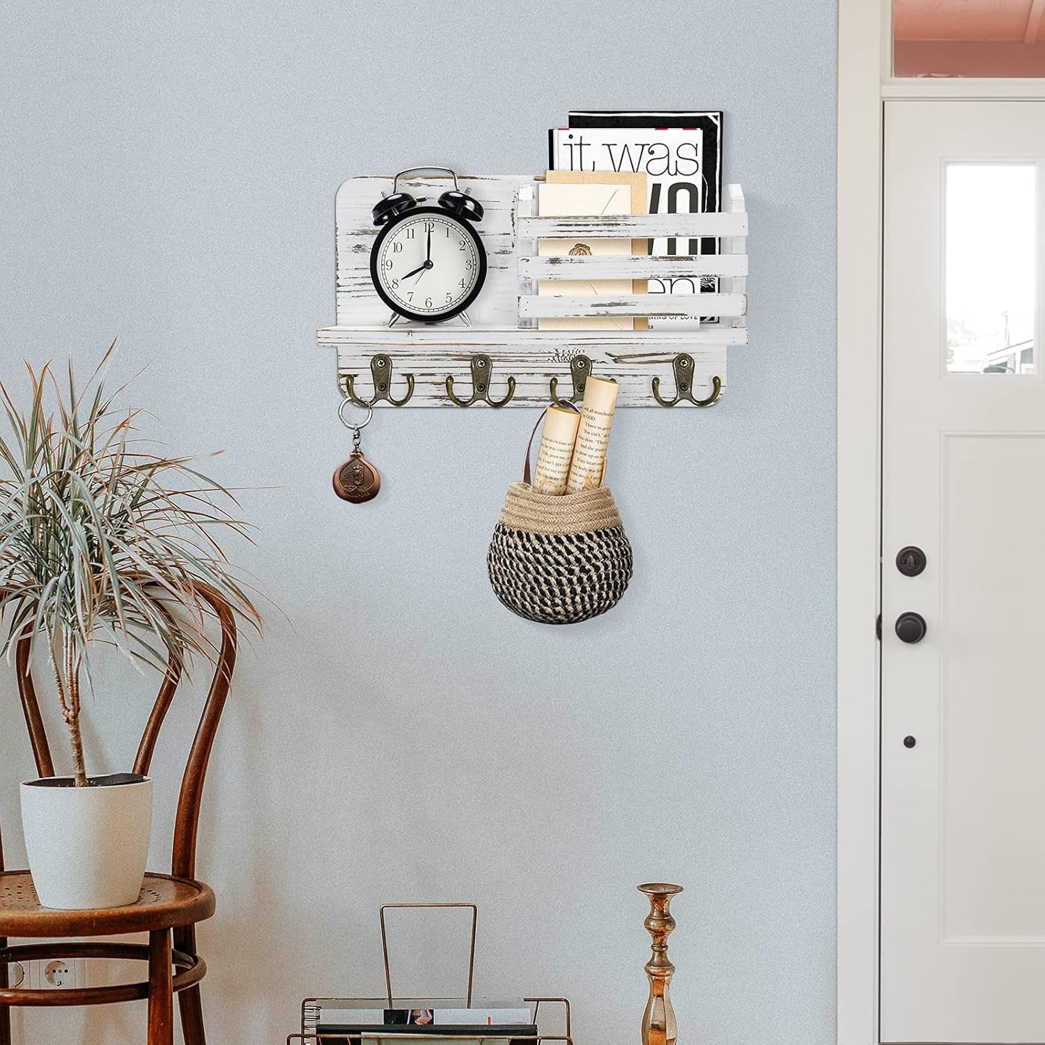 Key Holder for Wall Decorative, Mail Organizer Wall Mount, Mail Holder Wall Mount, Wall Hooks for Hanging, Key Rack Key Hooks for Wall, Key and Mail Holder for Wall (White)