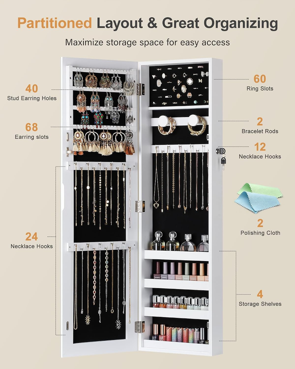 Jewelry Cabinet Armoire, Hanging Jewelry Organizers and Storage, Lockable Jewelry Cabinet with Full-Length Mirror, Wall or Door Mount Jewelry Mirror Cabinet, Shelves, Polishing Cloth