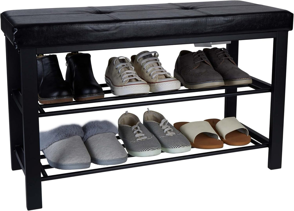 Storage Bench, Shoe Rack, Ottoman, Tufted, Padded Seating for Entryway, Bedroom, Closet & Hallway, Black