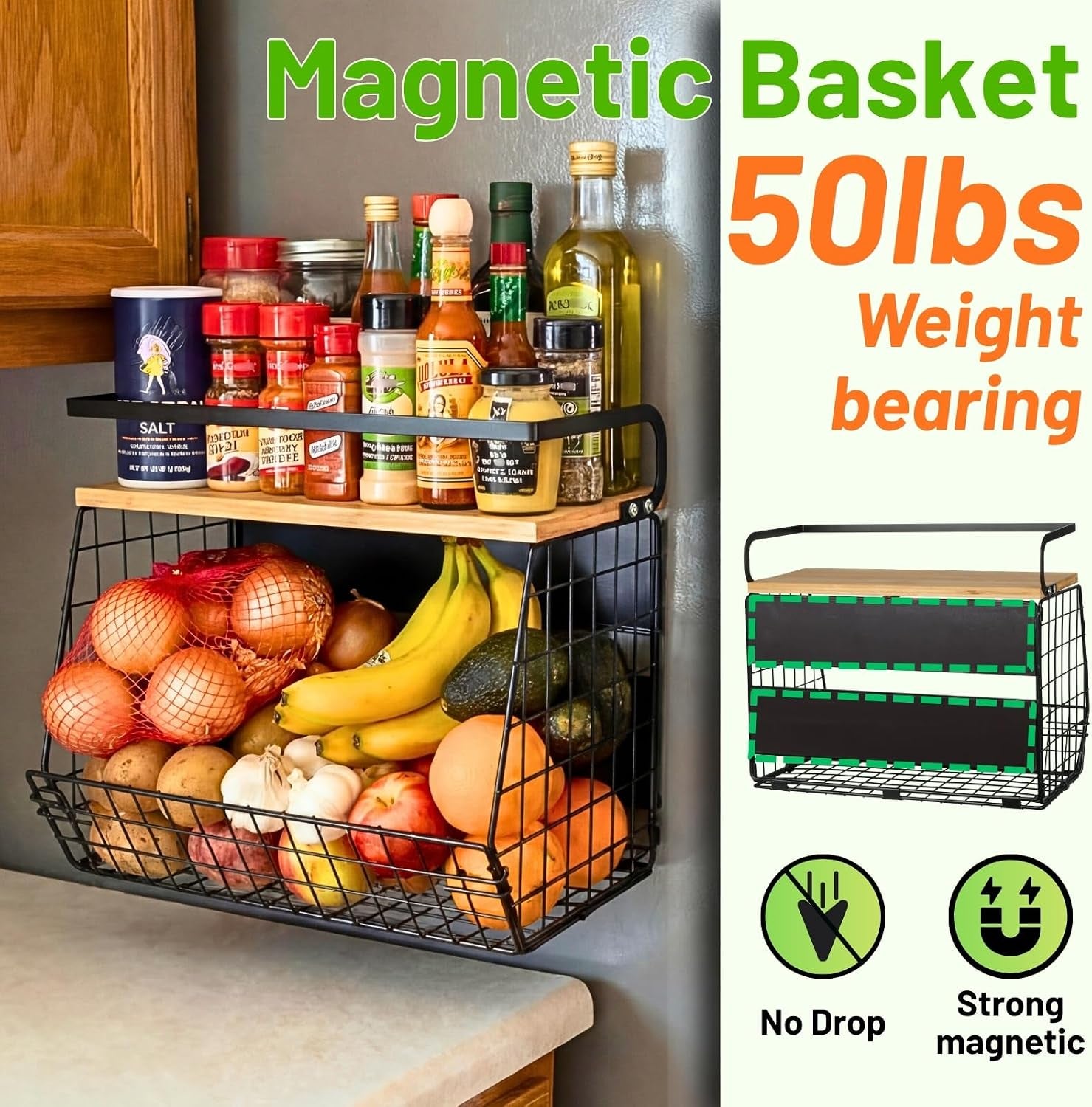 2 Set Magnetic Shelf for Refrigerator with Wood Lid, Fruit Potato & Onion Storage Bins, Pantry Organizers & Storage, Large Container Magnetic Spice Rack for Refrigerator, Kitchen Counter, Cabinet