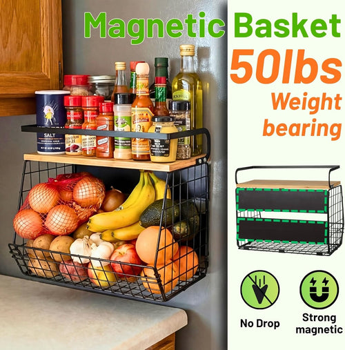 2 Set Magnetic Shelf for Refrigerator with Wood Lid, Fruit Potato & Onion Storage Bins, Pantry Organizers & Storage, Large Container Magnetic Spice Rack for Refrigerator, Kitchen Counter, Cabinet