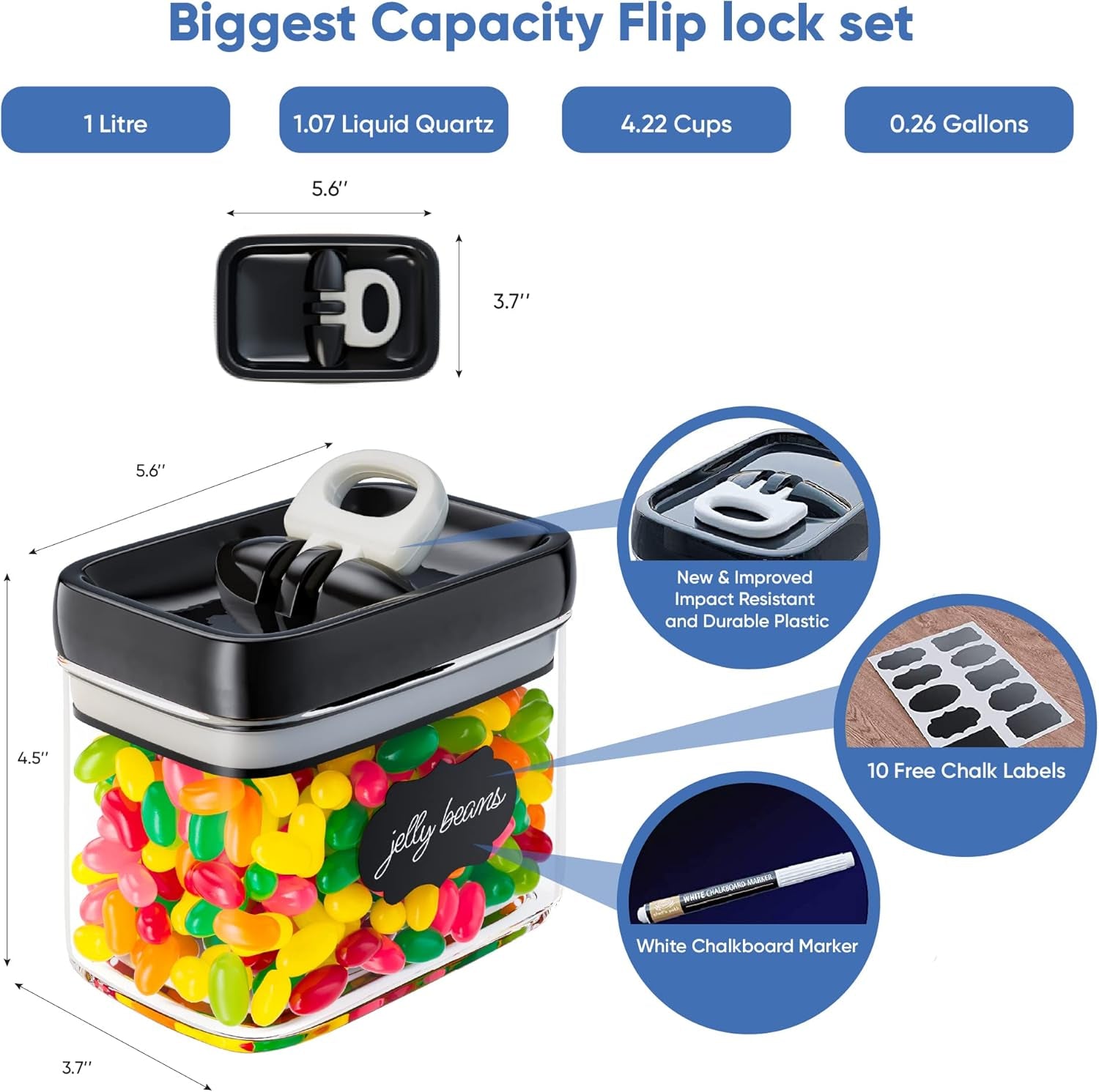 Airtight Food Storage Containers with Improved Lids, Set of 6, 1L Kitchen and Pantry Canisters for Coffee, Spices, and Dry Food, Includes Labels and Marker - Transparent, All Same Size