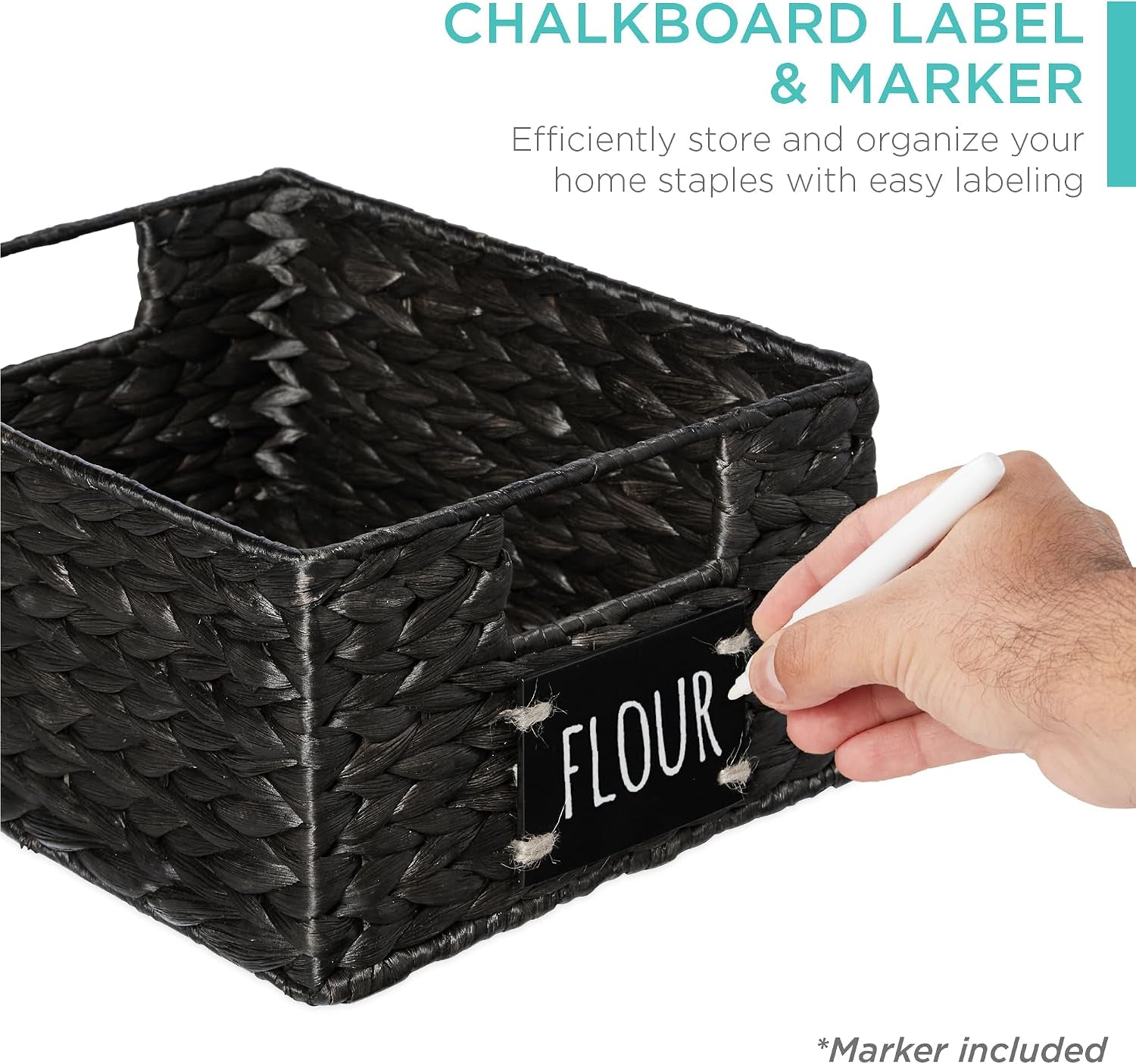 Set of 4 9X12In Water Hyacinth Pantry Baskets, Woven Organizers W/Chalkboard Label, Chalk Marker - Black