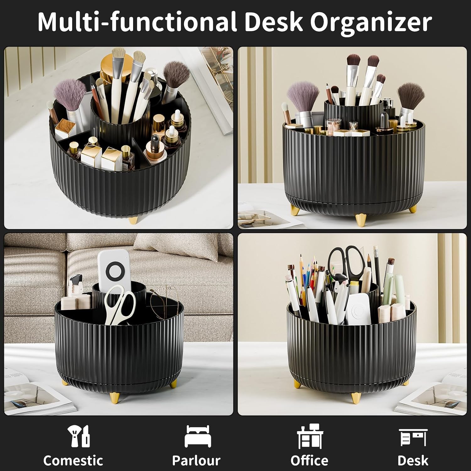 360° Rotate Makeup Brush Holder Organizer, Makeup Organizers Countertop, Makeup Organization and Skincare Storage with Gift Box Packing for Vanity, Desktop, Bathroom (Black)