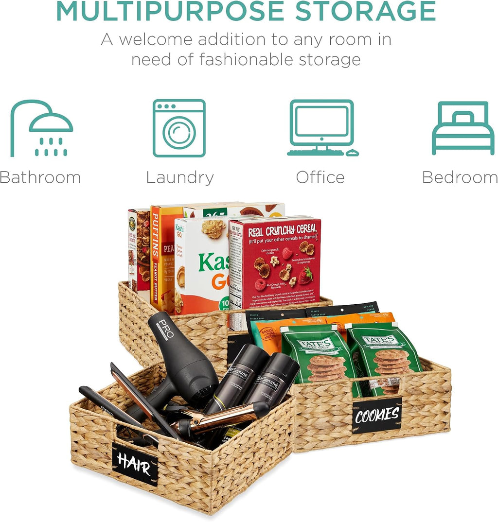 Set of 4 13X12In Water Hyacinth Pantry Baskets, Woven Organizers W/Chalkboard Label, Chalk Marker - Natural