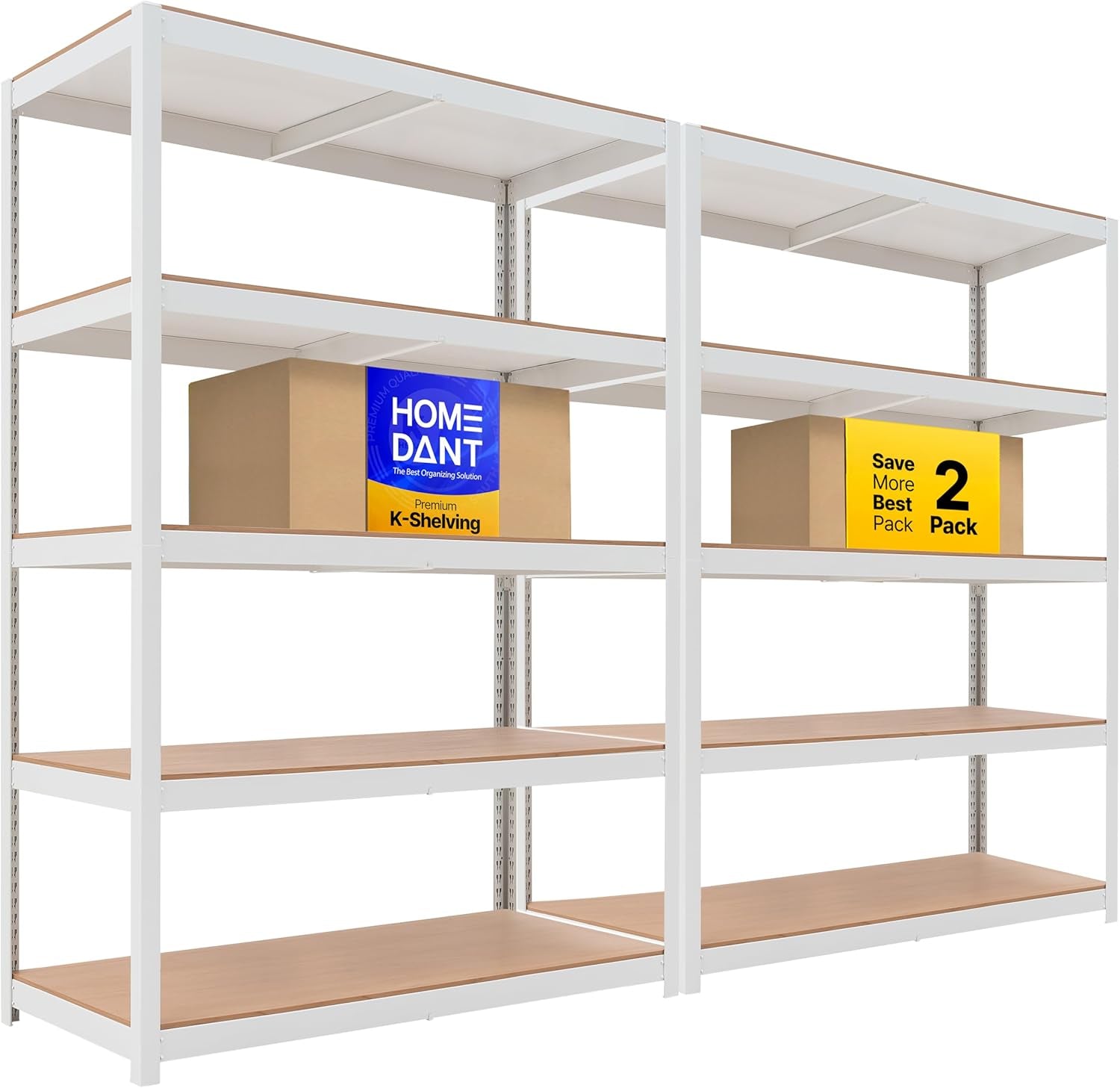 House 48.1" W Deep 5 Tier Heavy Duty Garage Shelving Adjustable Metal Rack Storage Shelves Standing Shelf Unit Organizers Industrial Warehouse Basement White 2Pack