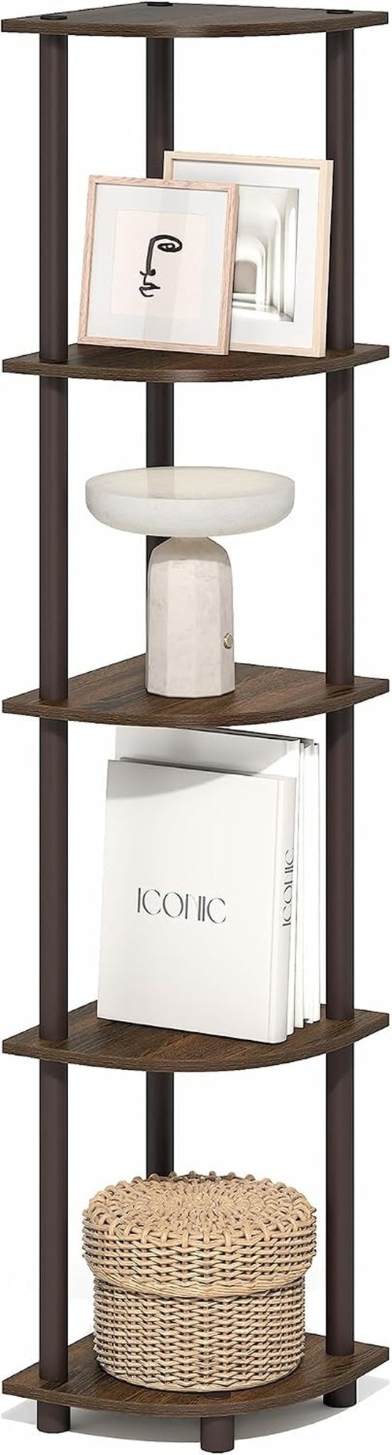 Turn-N-Tube Corner Shelf, 5-Tier Corner Bookshelf, Open Storage Shelves, for Organization and Storage, Living Room, Home Office, Garage, Bedroom, Black Walnut - Lullora