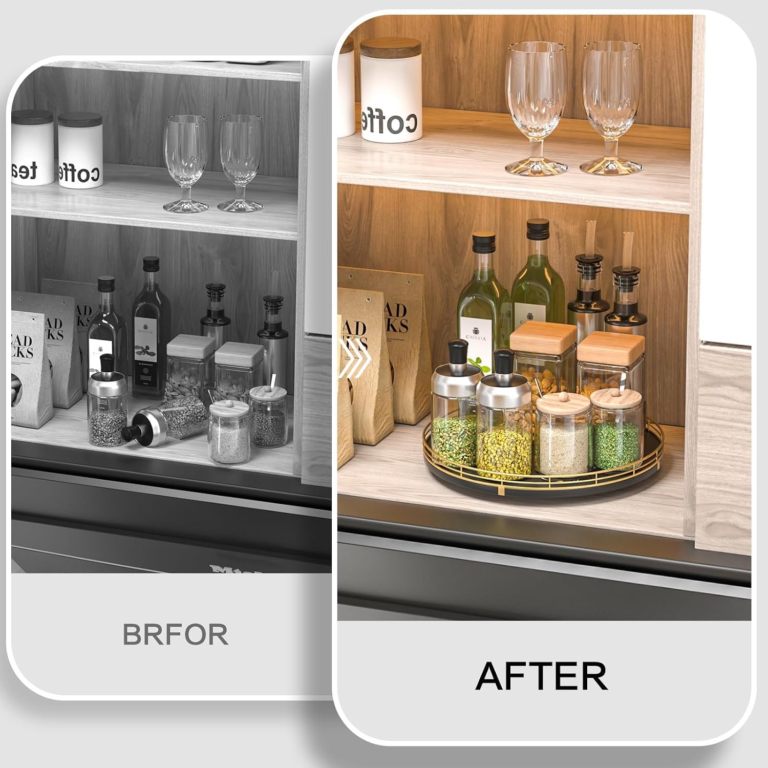 12-Inch Oak Lazy Susan Spice Organizer with Gold Metal Rail