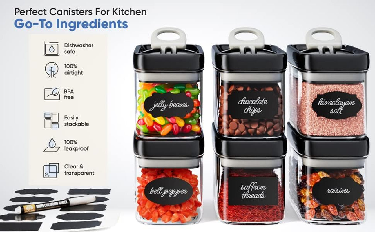 Airtight Food Storage Containers with Improved Lids, Set of 6, 1L Kitchen and Pantry Canisters for Coffee, Spices, and Dry Food, Includes Labels and Marker - Transparent, All Same Size