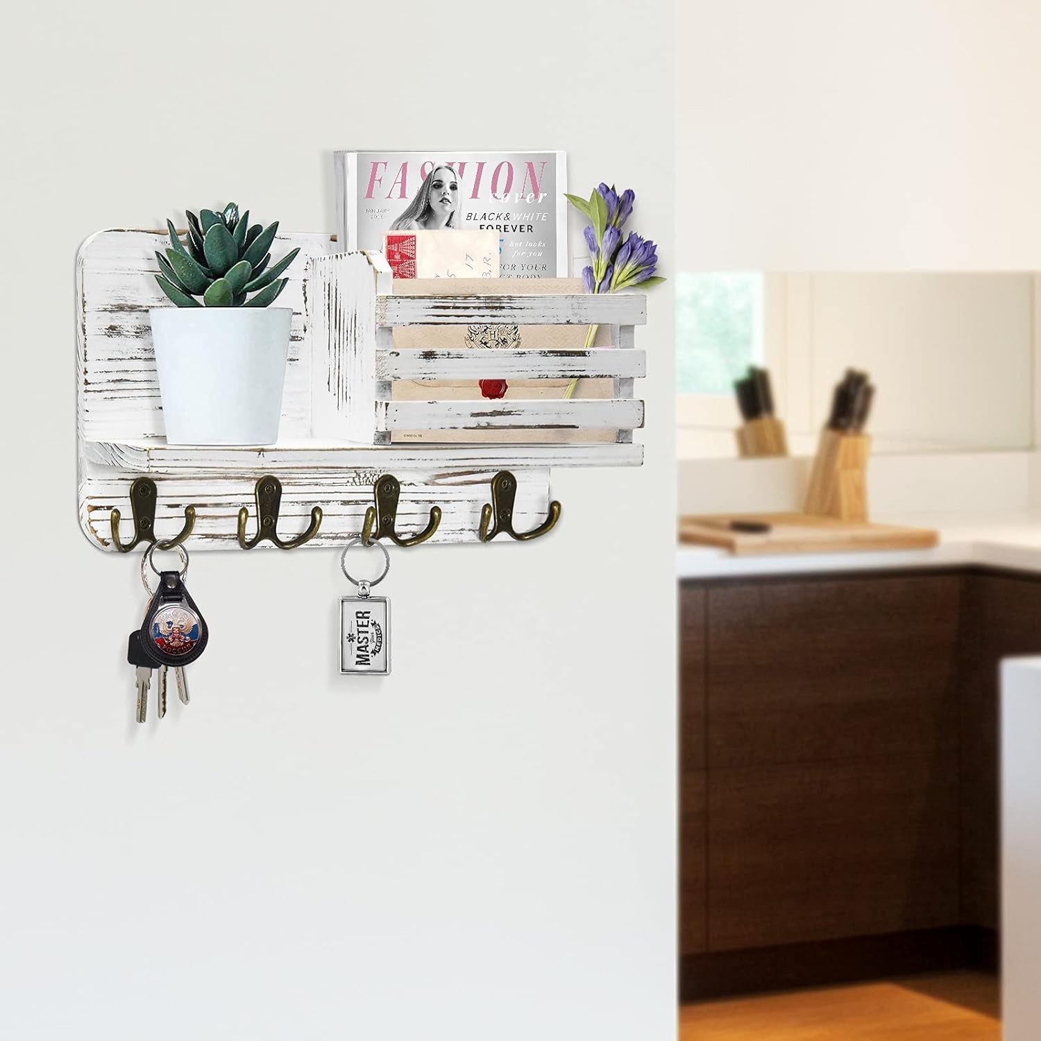 Key Holder for Wall Decorative, Mail Organizer Wall Mount, Mail Holder Wall Mount, Wall Hooks for Hanging, Key Rack Key Hooks for Wall, Key and Mail Holder for Wall (White)