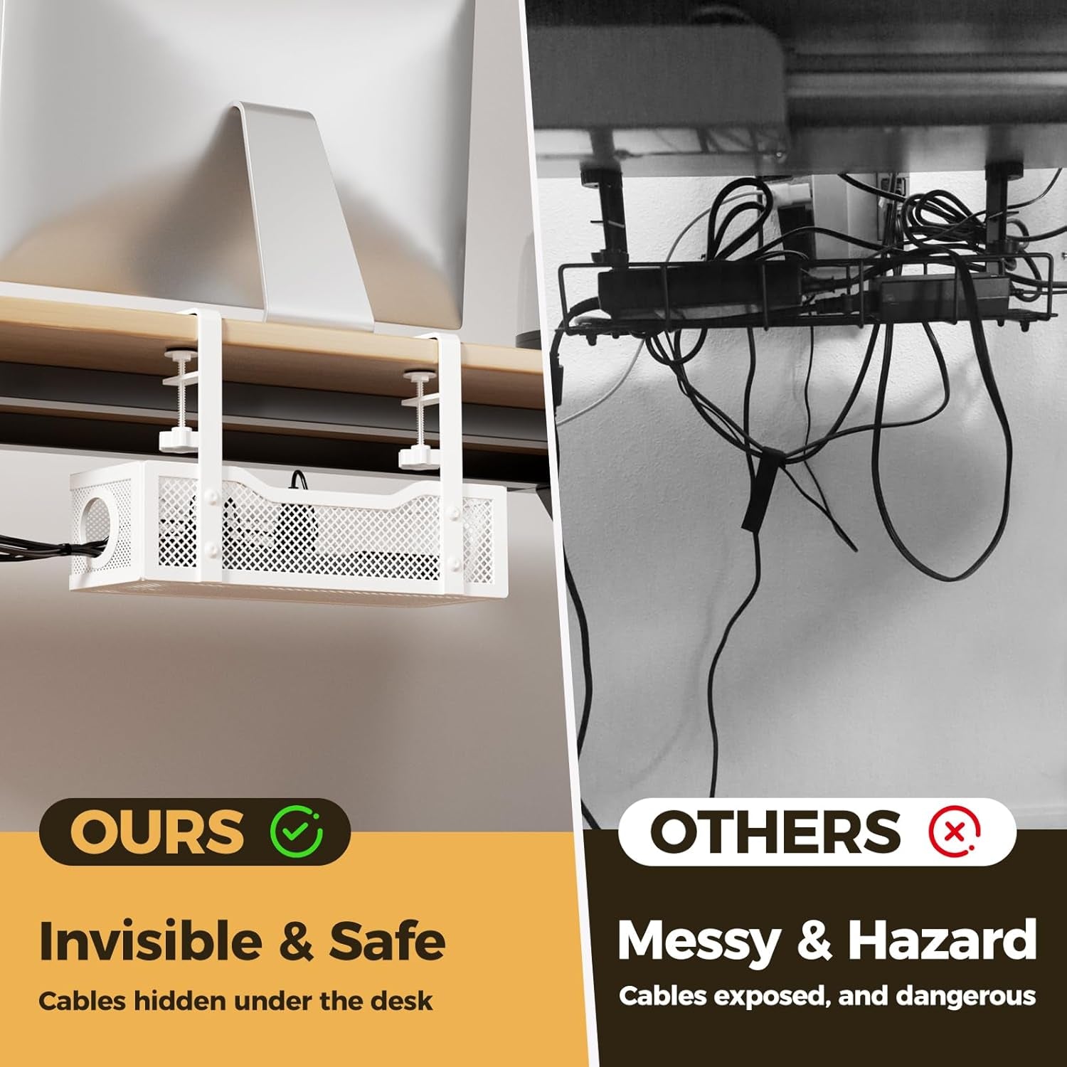 2 Pack under Desk Cable Management Box White,  26.8" Wire Organizers No Drill, Cord Organization Tray with Clamp for Office, Home - No Damage to Desk