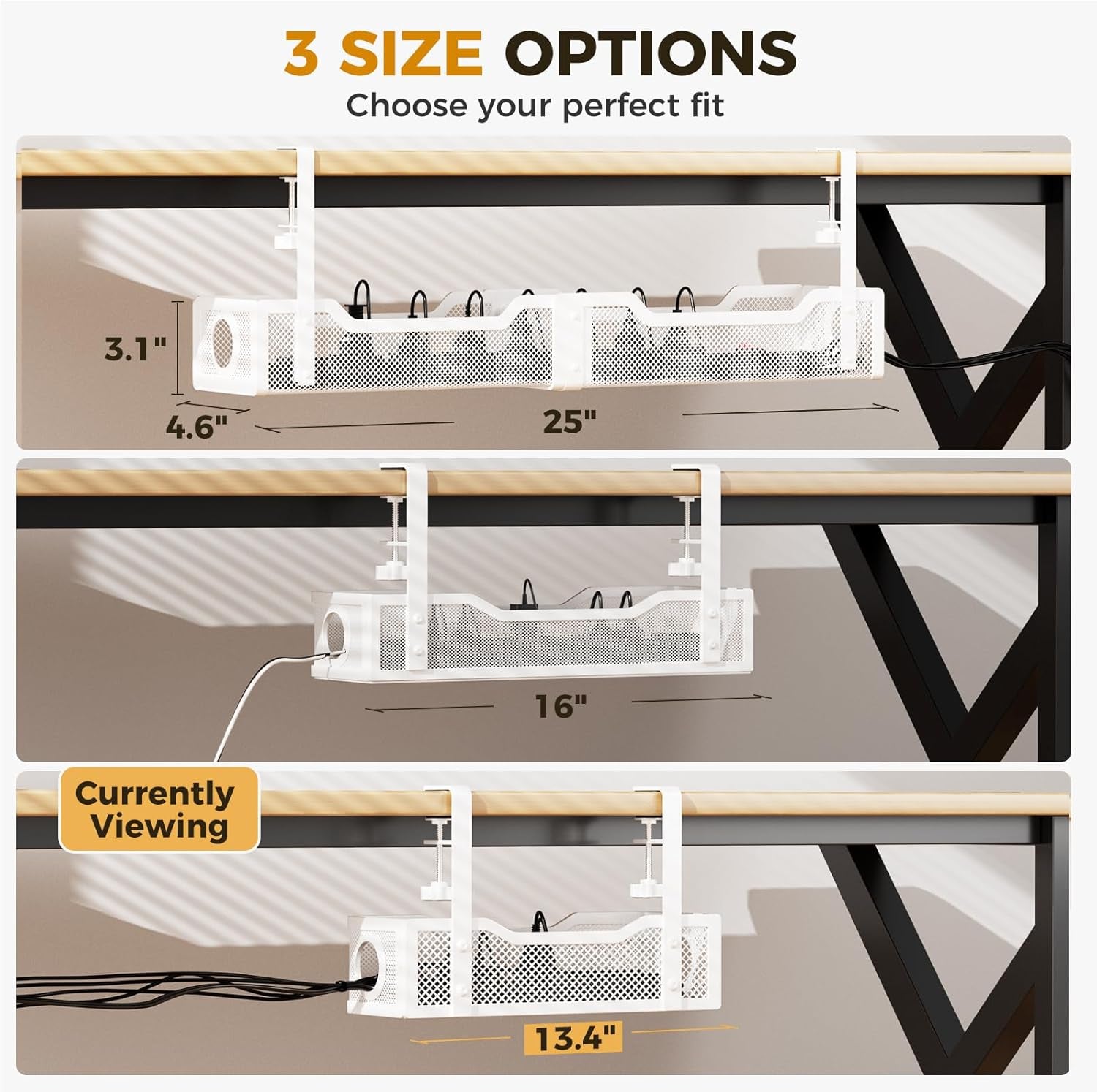 2 Pack under Desk Cable Management Box White,  26.8" Wire Organizers No Drill, Cord Organization Tray with Clamp for Office, Home - No Damage to Desk