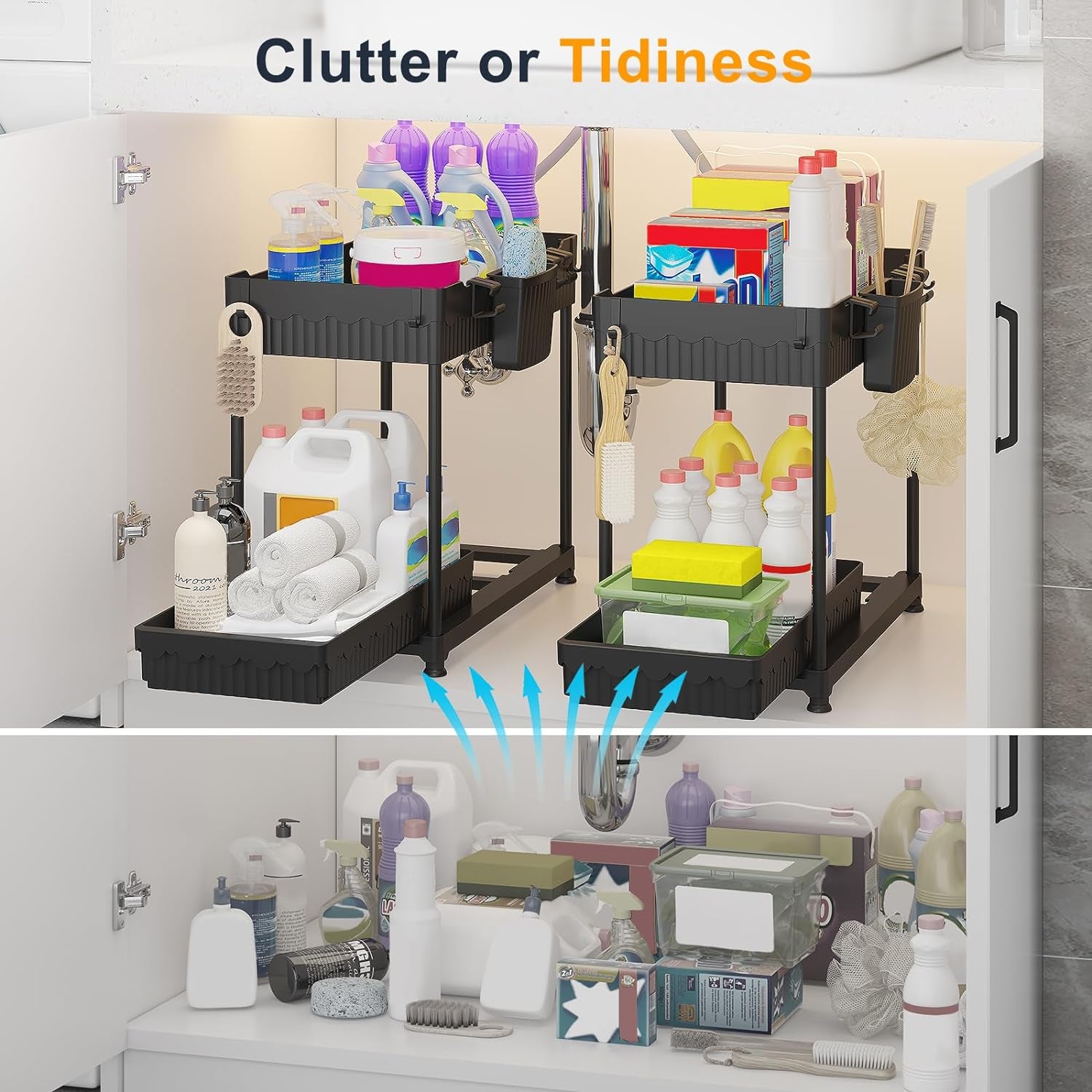 2-Pack 2-Tier under Sink Organizers with Sliding Drawers