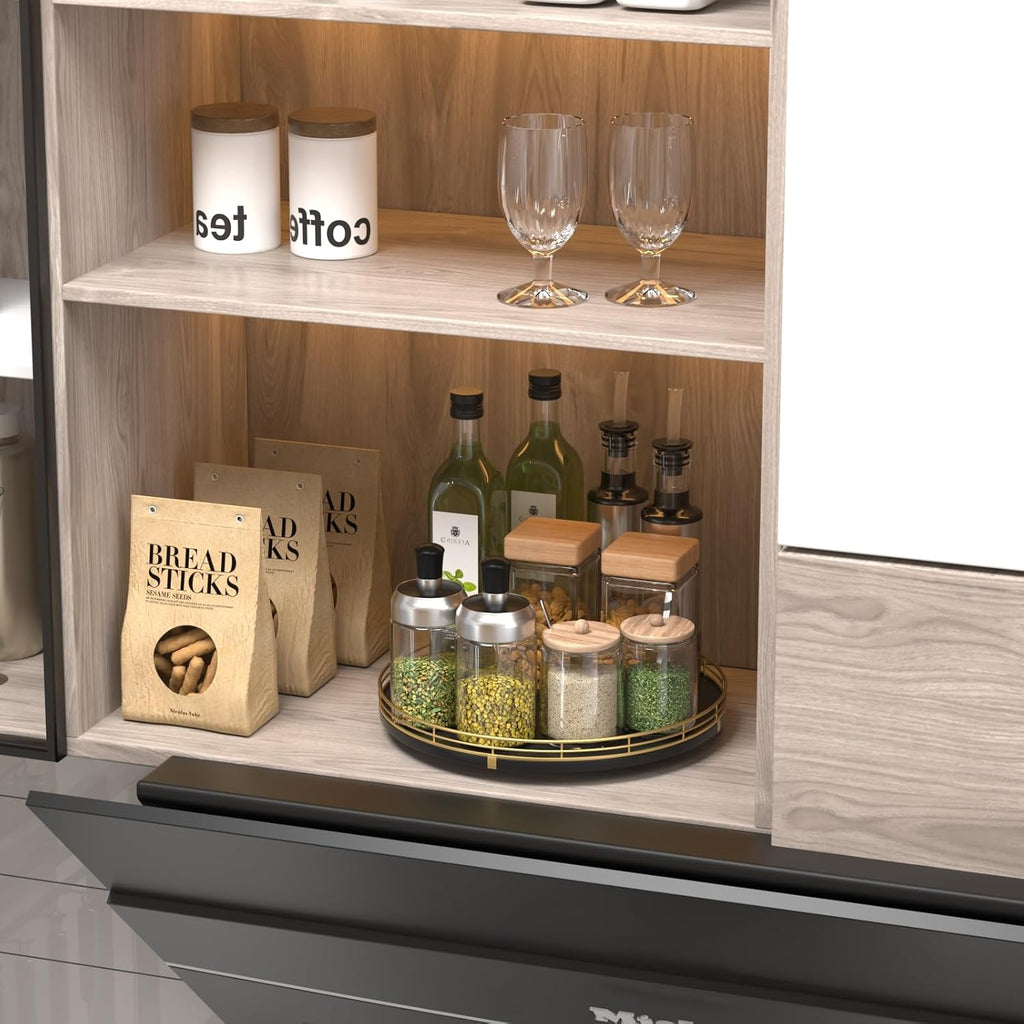 12-Inch Oak Lazy Susan Spice Organizer with Gold Metal Rail