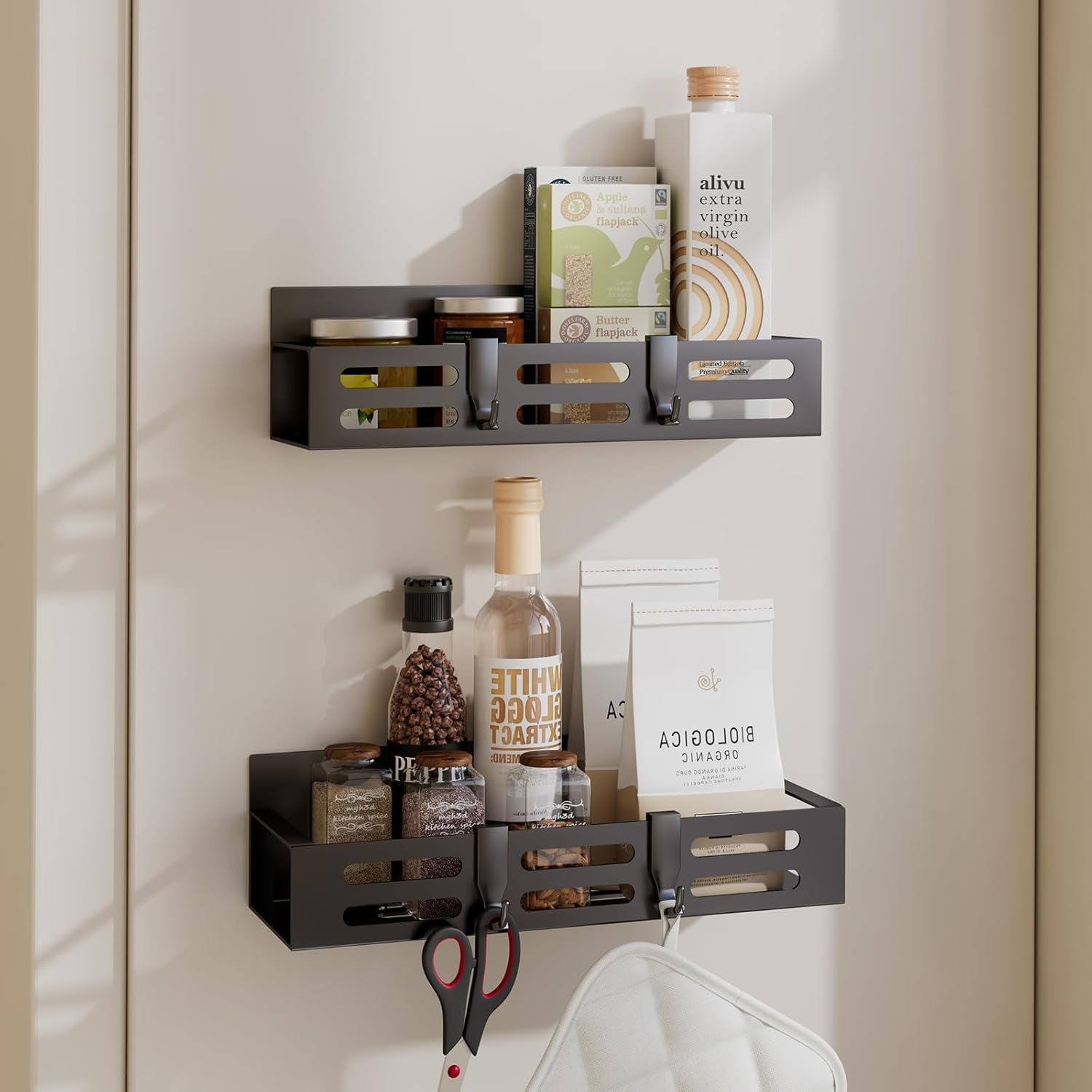 2 Pack Magnetic Spice Rack for Refrigerator, Black Magnetic Shelf and Fridge Kitchen Cabinet Organizers Storage Seasoning Organization Mini Shelves, Organizadores De Cocina