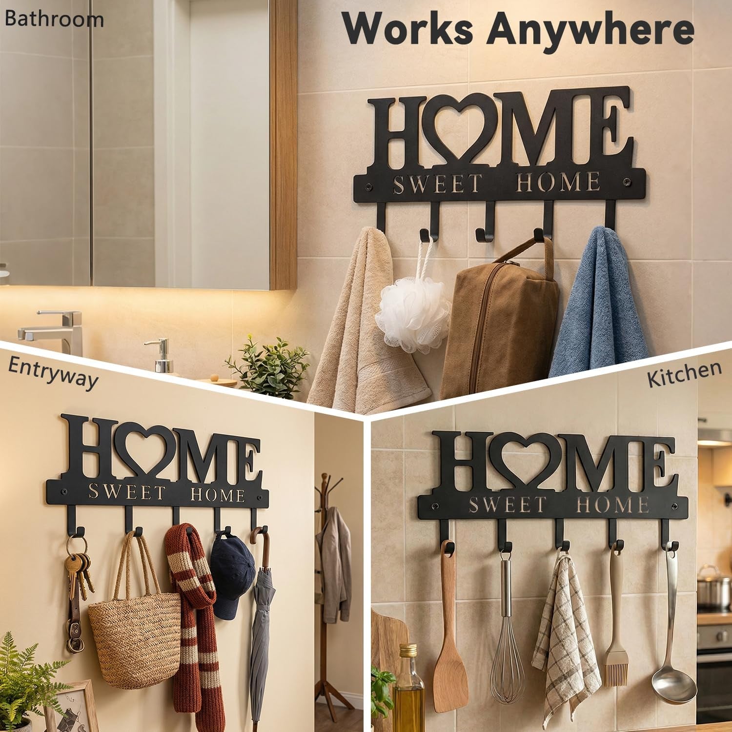 Entryway Key Holder Wall Mount with 5 Hooks, 13" Metal “Sweet Home” Key Rack Organizer for Wall, Decorative Key Hanger for Entryway, Hallway & Mudroom, Housewarming Gift, Black