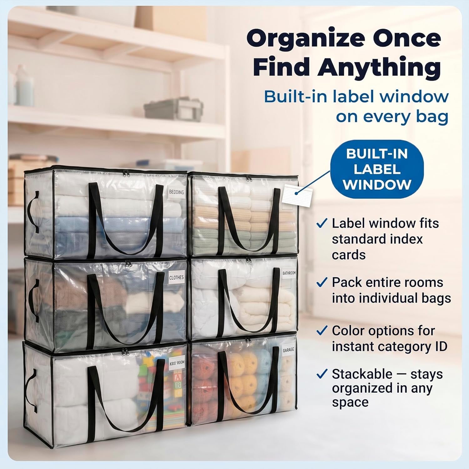 Heavy Duty Moving Bags - Water Resistant Storage Bags with Backpack Straps, Zippers and Handles - Large Moving Boxes for College Dorm, Travel, Closet Organization - 6 Pack, Clear