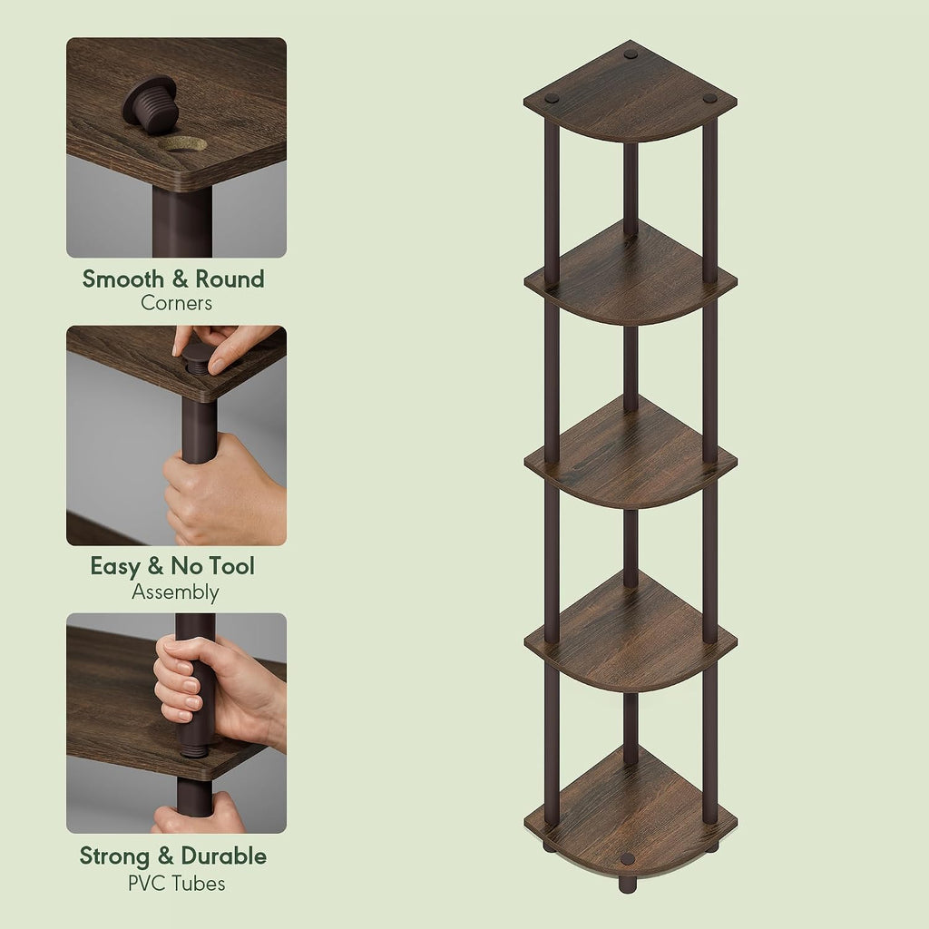 Turn-N-Tube Corner Shelf, 5-Tier Corner Bookshelf, Open Storage Shelves, for Organization and Storage, Living Room, Home Office, Garage, Bedroom, Black Walnut - Lullora