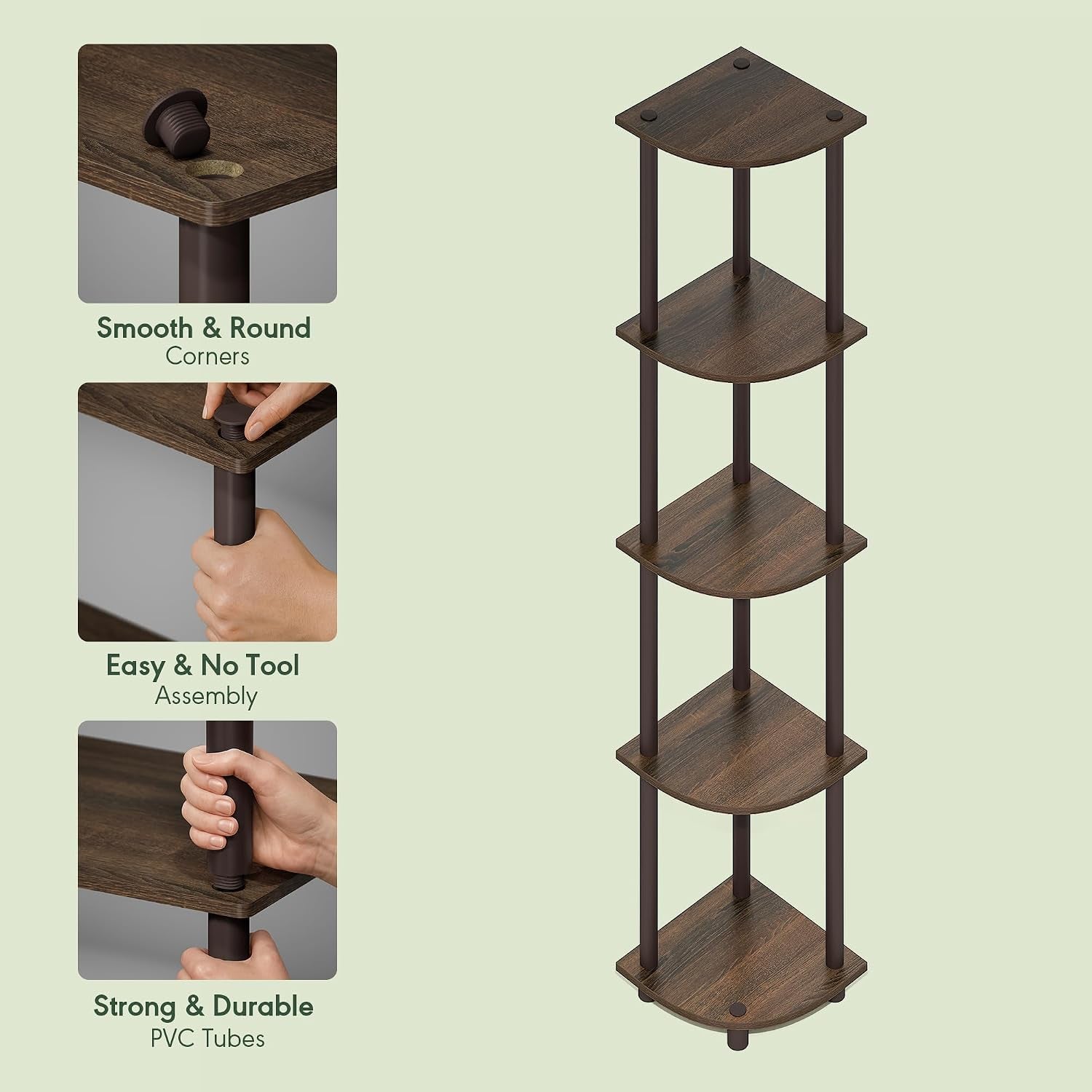 Turn-N-Tube Corner Shelf, 5-Tier Corner Bookshelf, Open Storage Shelves, for Organization and Storage, Living Room, Home Office, Garage, Bedroom, Black Walnut - Lullora