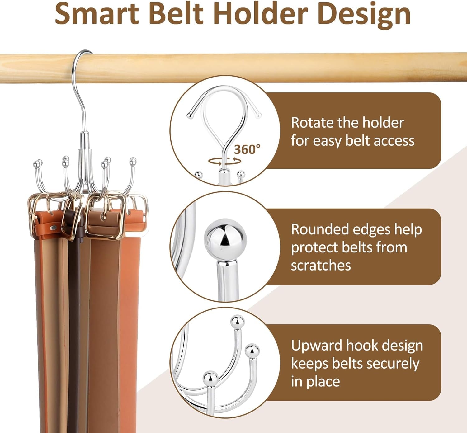 Belt Hanger for Closet, Rotating Belt Organizer, Holds 24 Belts