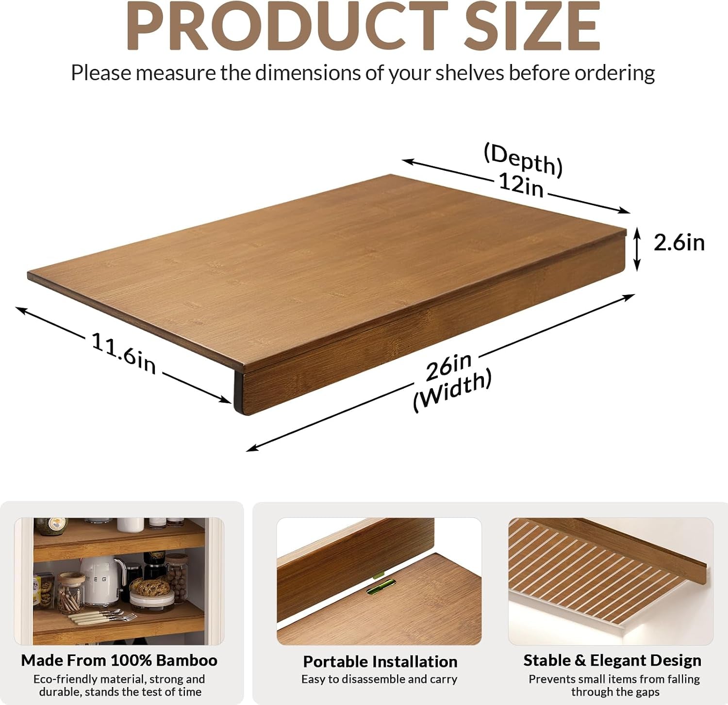 Wire Shelf Covers, Bamboo Wire Rack Covers for Pantry, Closet (5Pcs, 26" W X 12" D)