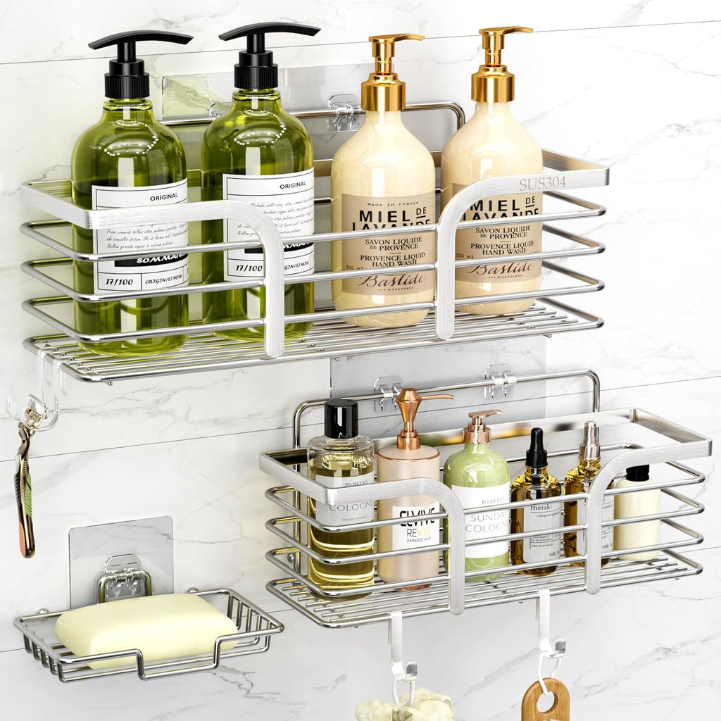 Shower Caddy, Shower Organizer with Soap Holder and Hooks, Rustproof Shower Shelves, No Drilling Bathroom Organizers and Storage, Wall-Mounted Kitchen & Home Decor (Silver)