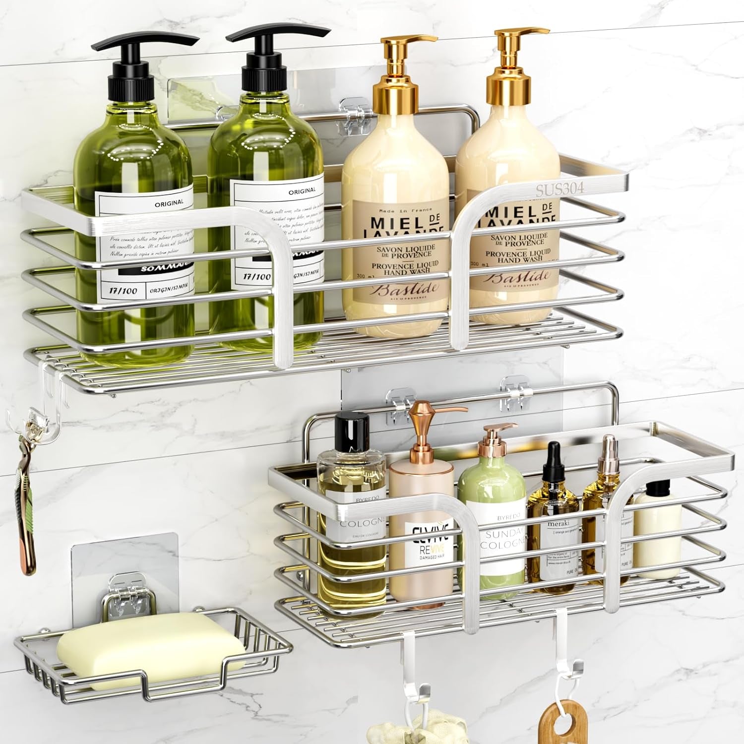 Shower Caddy, Shower Organizer with Soap Holder and Hooks, Rustproof Shower Shelves, No Drilling Bathroom Organizers and Storage, Wall-Mounted Kitchen & Home Decor (Silver)