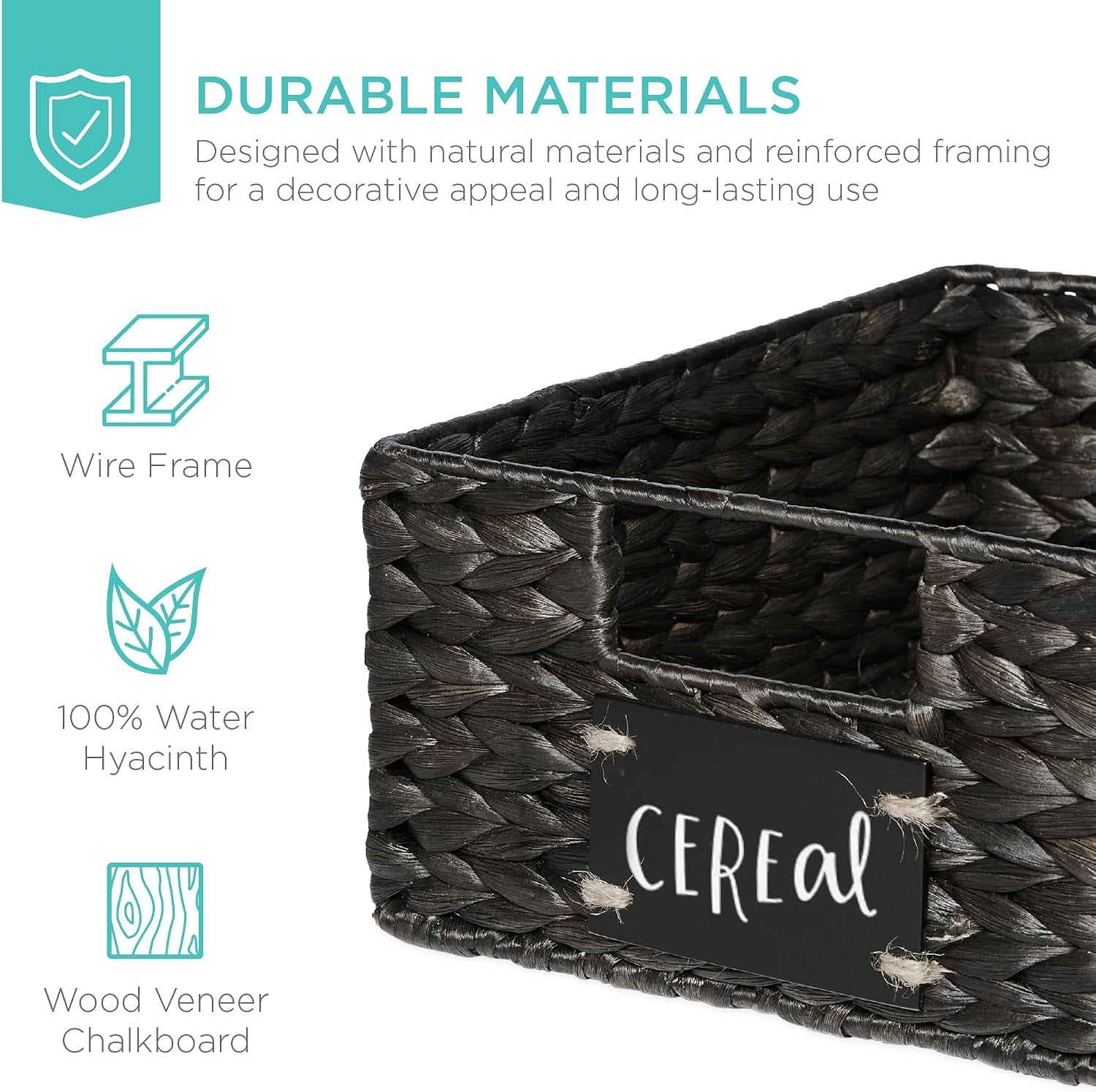 Set of 4 9X12In Water Hyacinth Pantry Baskets, Woven Organizers W/Chalkboard Label, Chalk Marker - Black