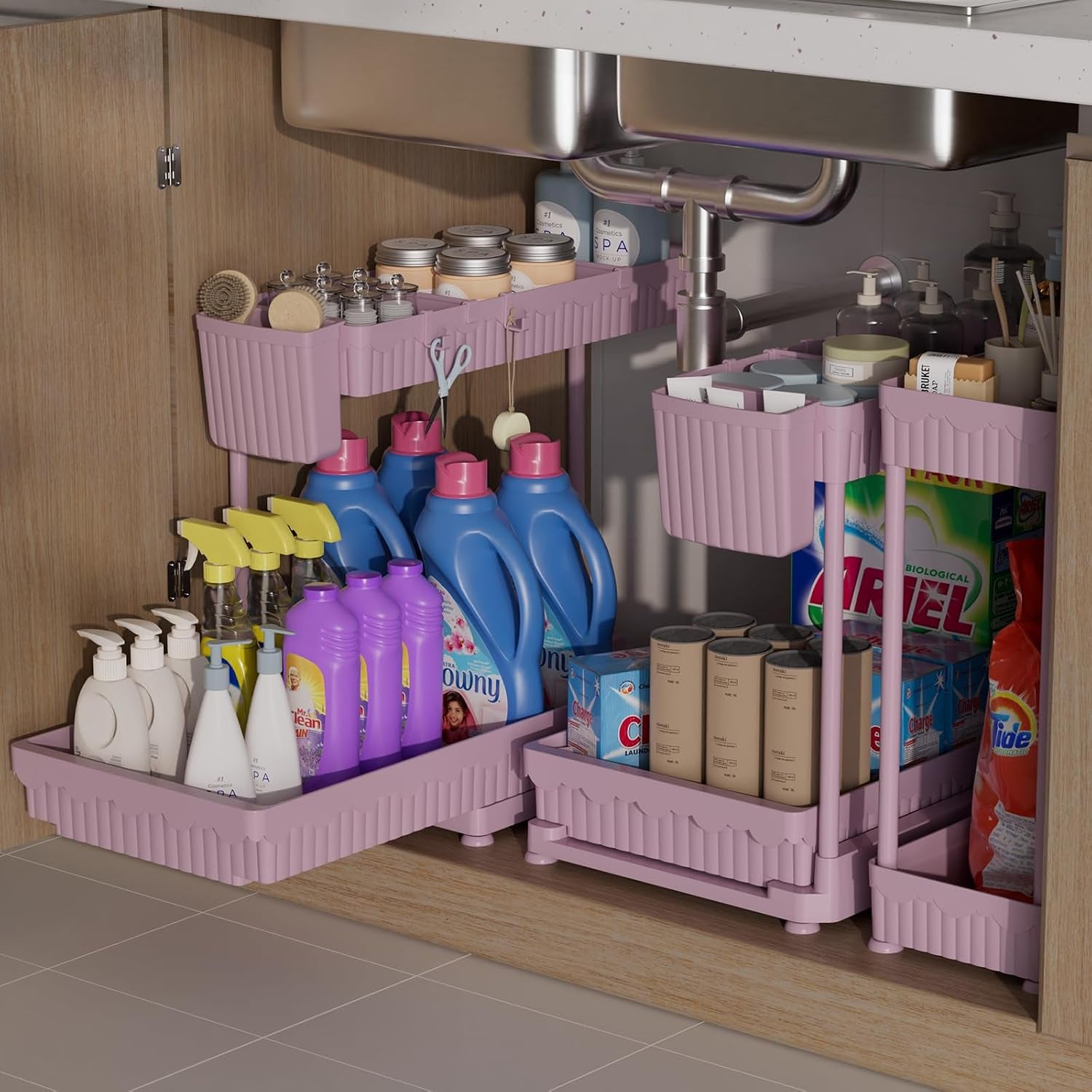 3-Pack 2-Tier L-Shaped under Sink Organizers with Sliding Drawers
