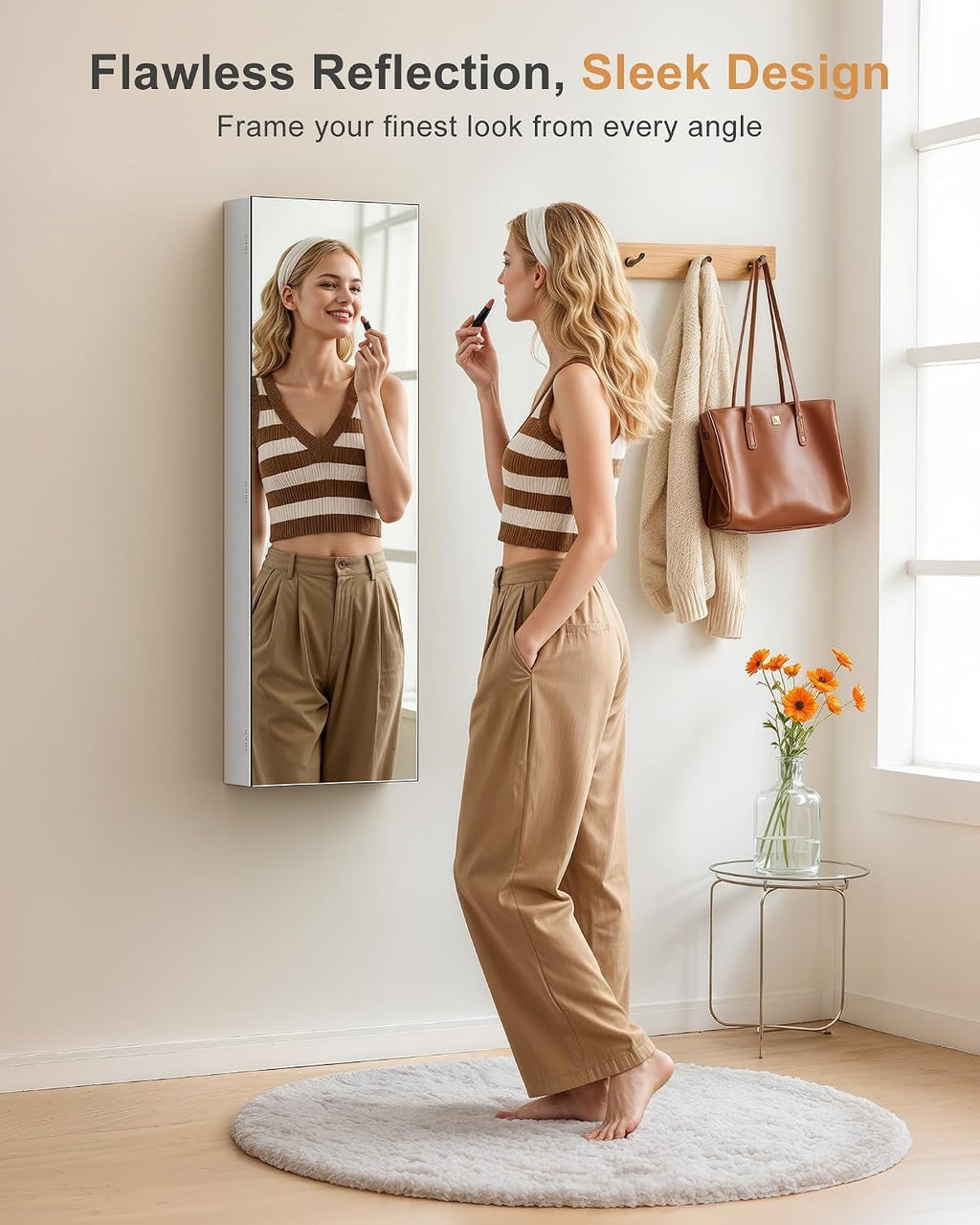 Jewelry Cabinet Armoire, Hanging Jewelry Organizers and Storage, Lockable Jewelry Cabinet with Full-Length Mirror, Wall or Door Mount Jewelry Mirror Cabinet, Shelves, Polishing Cloth