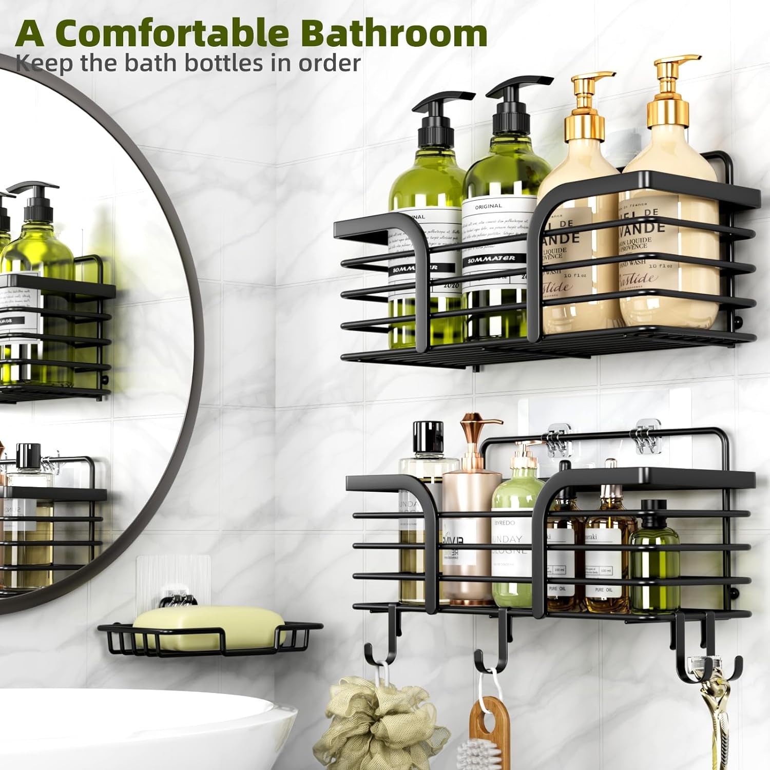 Shower Organizer with Soap Holder and Hooks for Bathroom (Black)