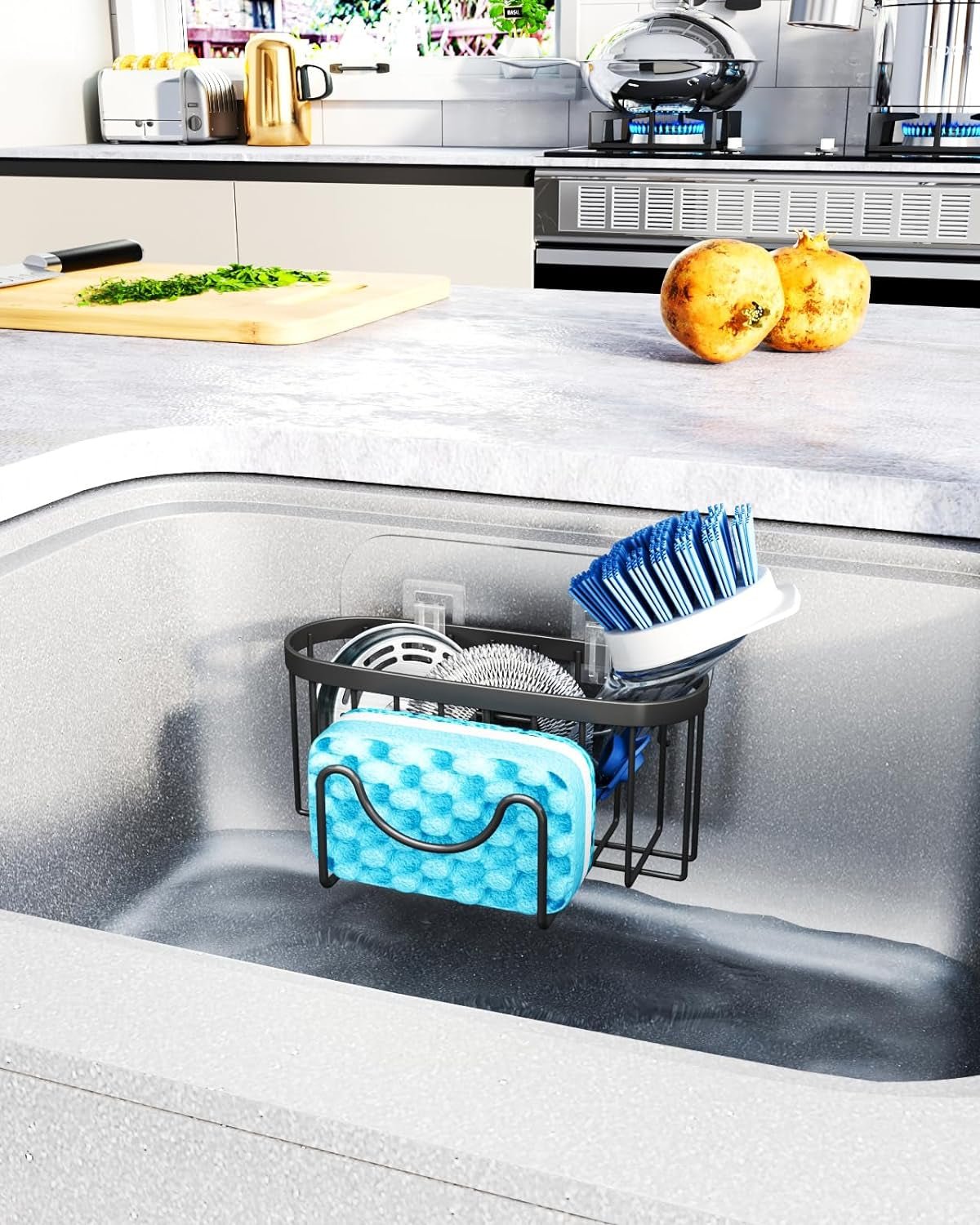 Multifunctional Sponge Holder with Unique M-Shaped, 2 Installation Methods Kitchen Sink Caddy Organizer, Rustproof Stainless Steel Kitchen Organizers and Storage Essentials - Black