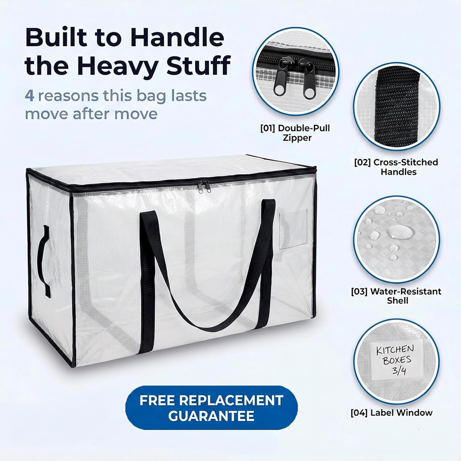 Heavy Duty Moving Bags - Water Resistant Storage Bags with Backpack Straps, Zippers and Handles - Large Moving Boxes for College Dorm, Travel, Closet Organization - 6 Pack, Clear