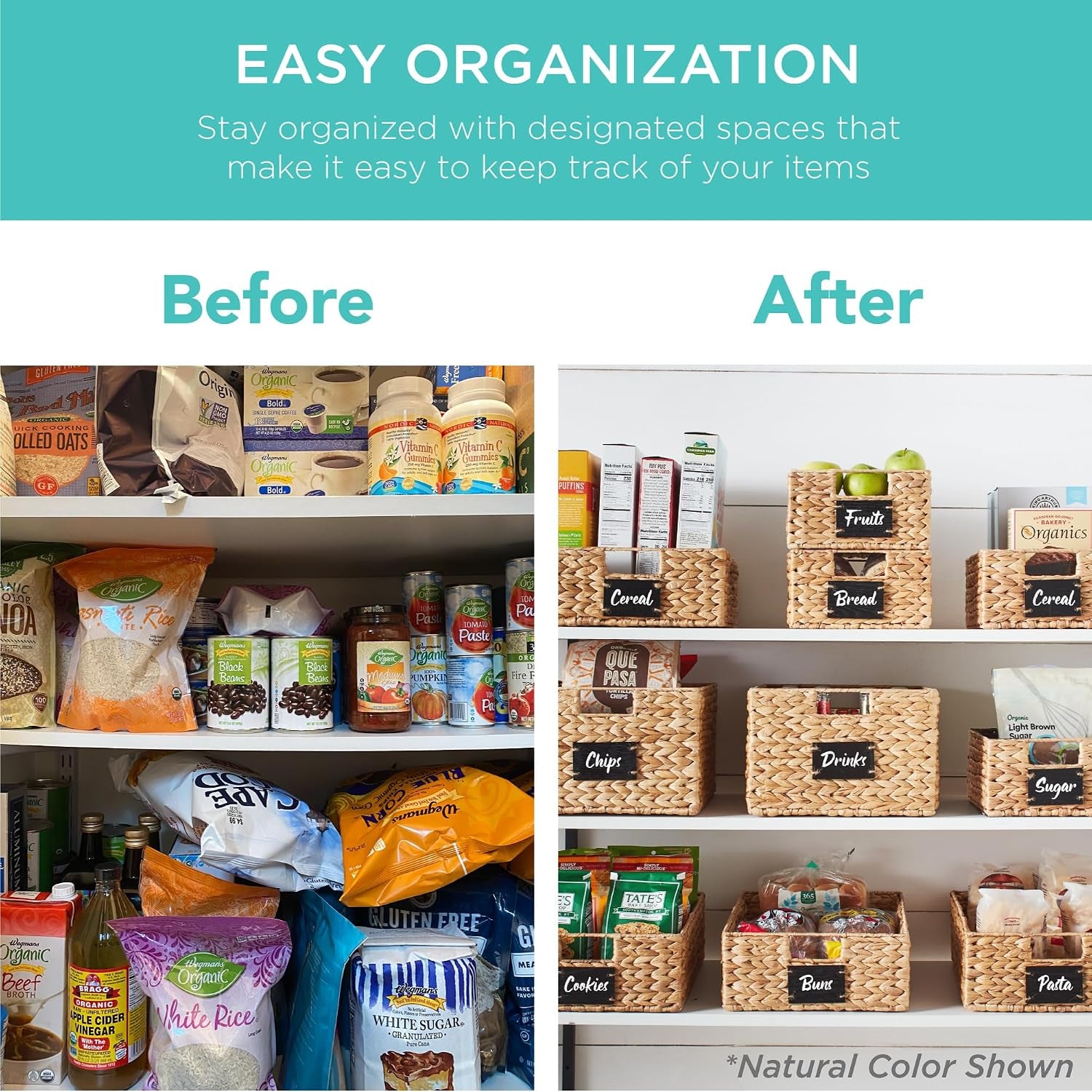Set of 4 9X12In Water Hyacinth Pantry Baskets, Woven Organizers W/Chalkboard Label, Chalk Marker - Black