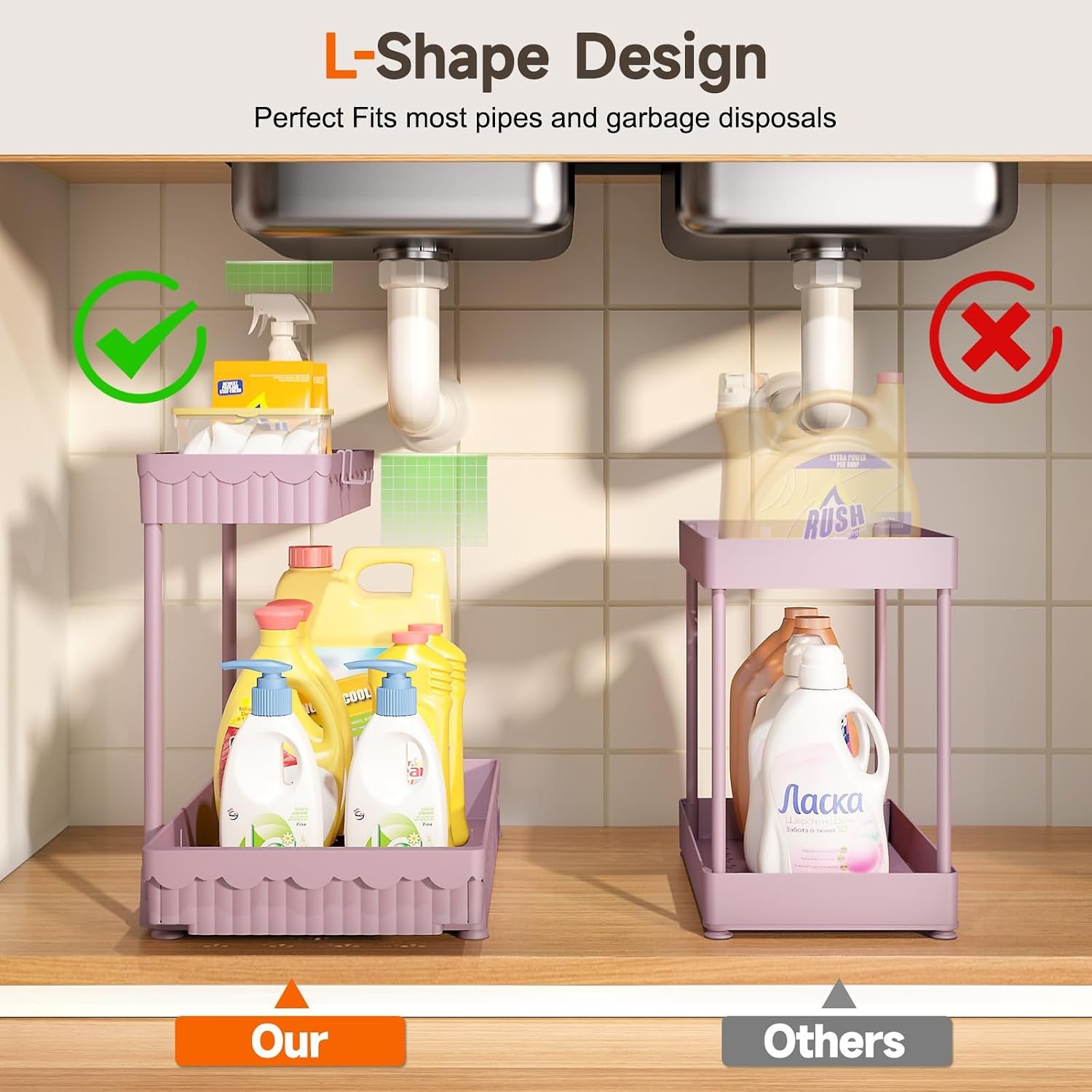 3-Pack 2-Tier L-Shaped under Sink Organizers with Sliding Drawers