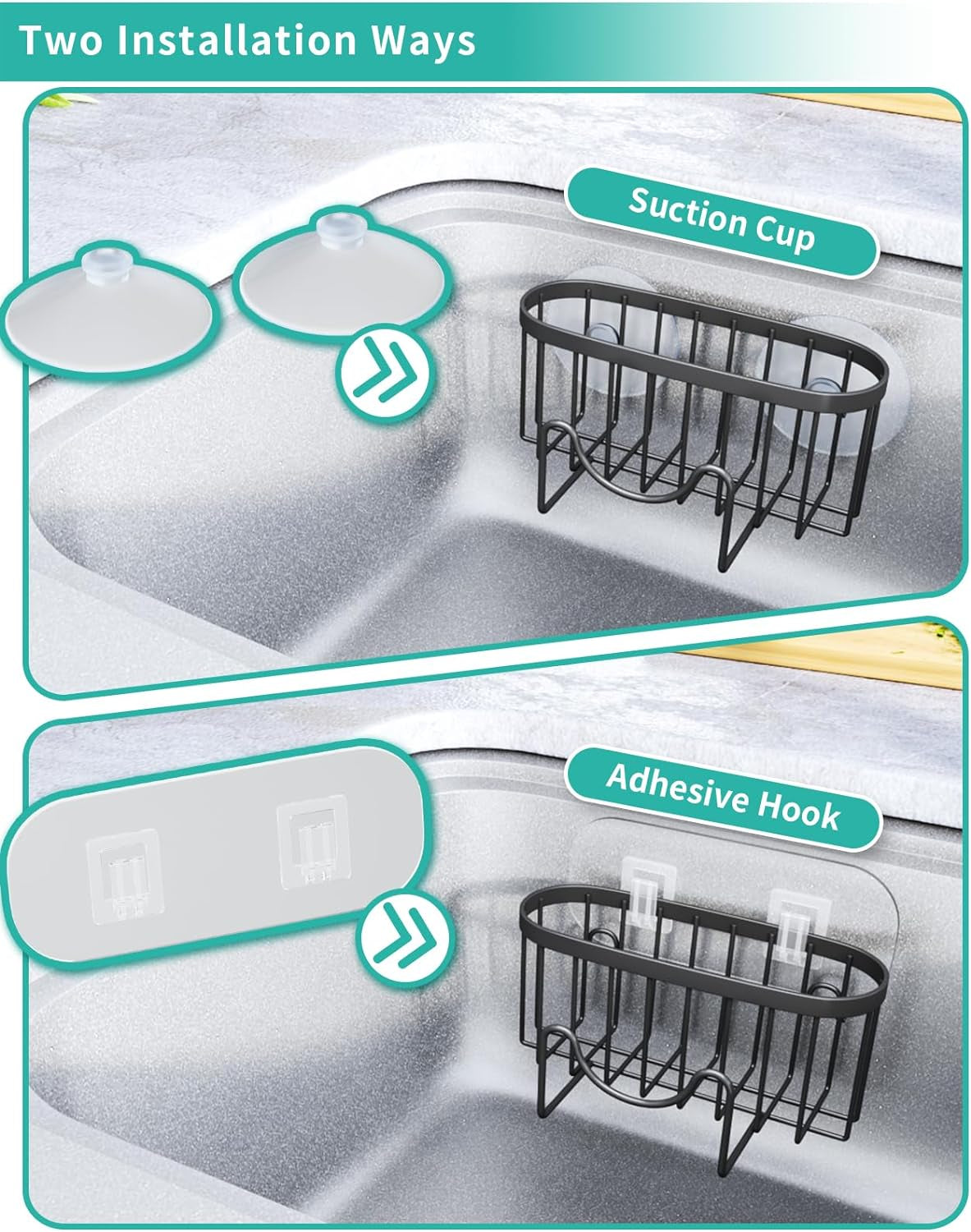 Multifunctional Sponge Holder with Unique M-Shaped, 2 Installation Methods Kitchen Sink Caddy Organizer, Rustproof Stainless Steel Kitchen Organizers and Storage Essentials - Black