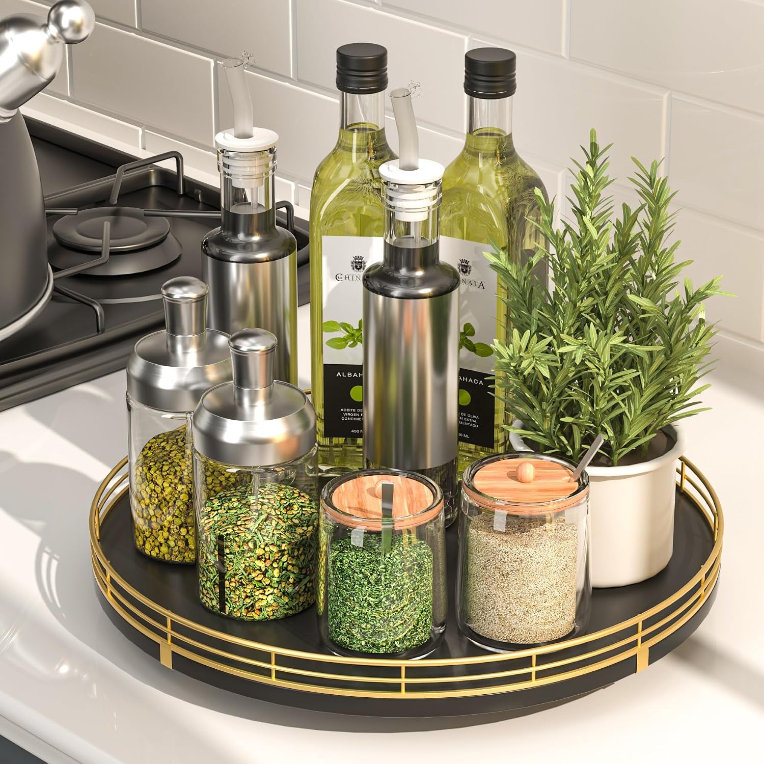 12-Inch Oak Lazy Susan Spice Organizer with Gold Metal Rail
