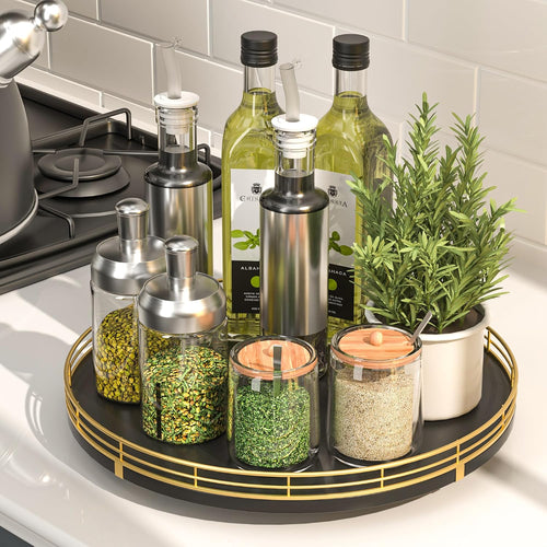 12-Inch Oak Lazy Susan Spice Organizer with Gold Metal Rail