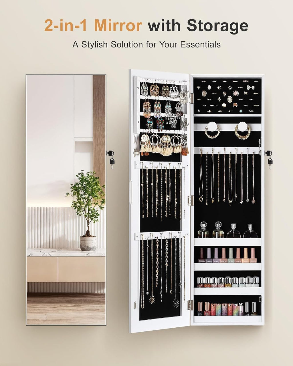 Jewelry Cabinet Armoire, Hanging Jewelry Organizers and Storage, Lockable Jewelry Cabinet with Full-Length Mirror, Wall or Door Mount Jewelry Mirror Cabinet, Shelves, Polishing Cloth